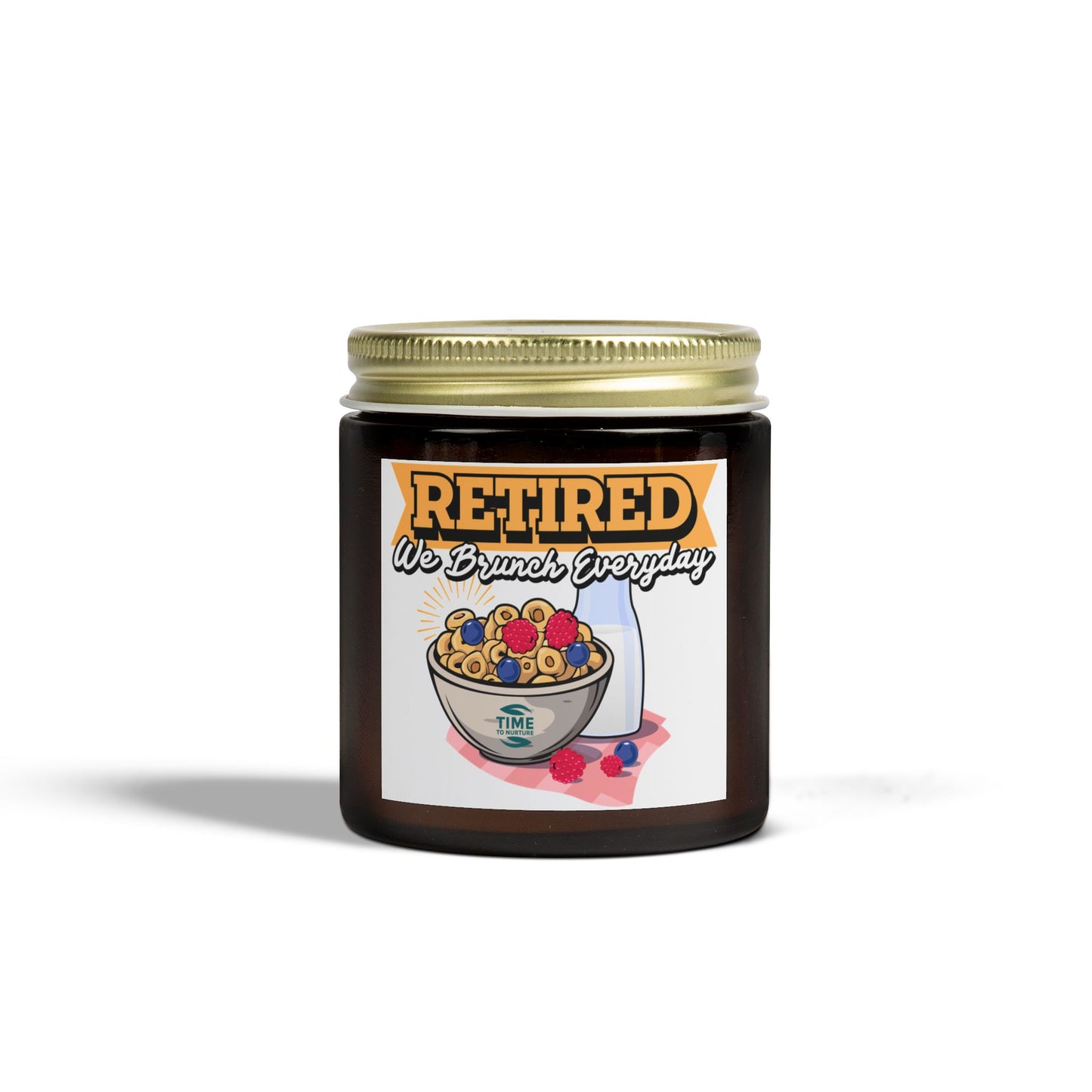 Brunch Everyday scented candles made with coconut apricot wax in 4oz and 9oz sizes. A humorous retirement gift or relaxing home decor piece.