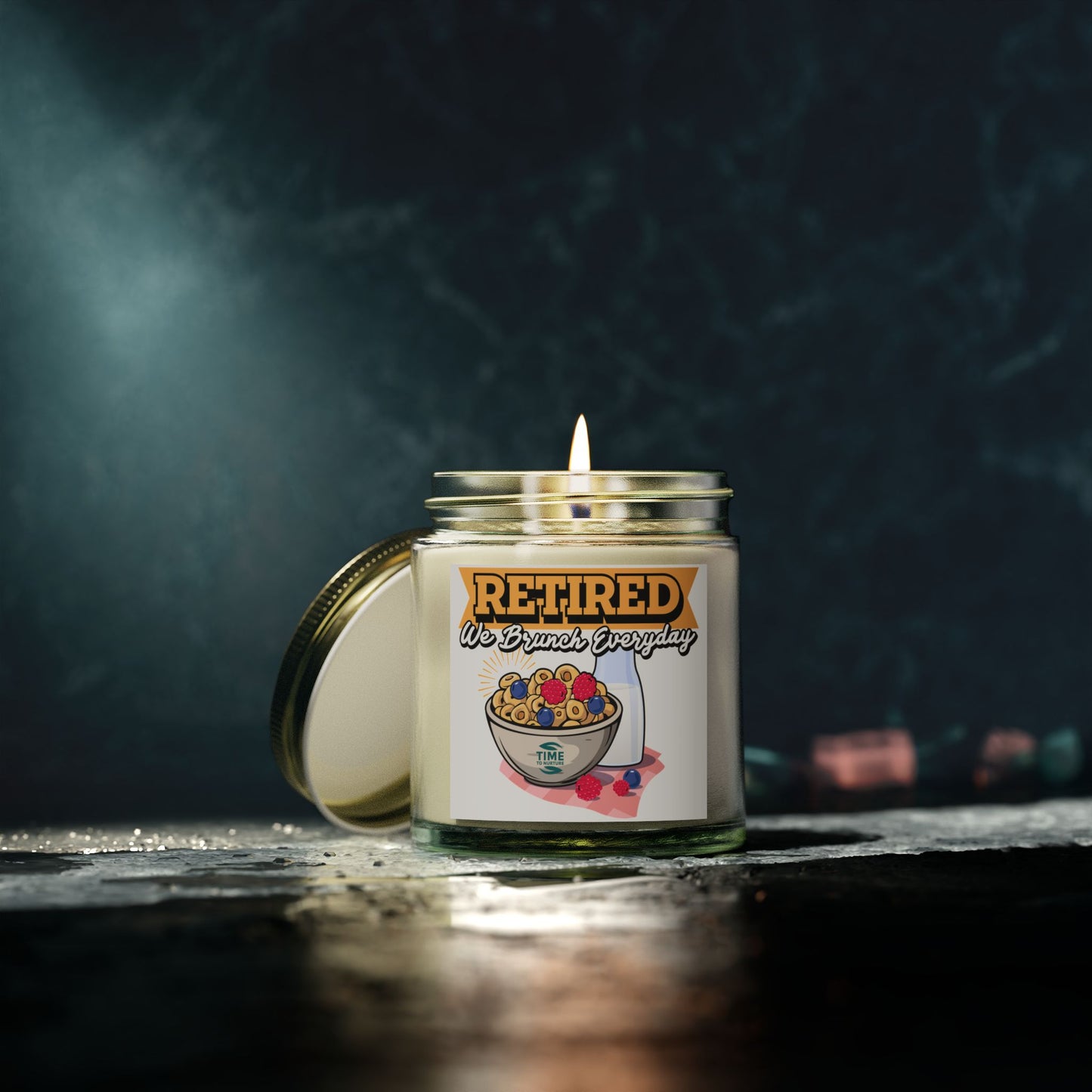 Brunch Everyday scented candles made with coconut apricot wax in 4oz and 9oz sizes. A humorous retirement gift or relaxing home decor piece.