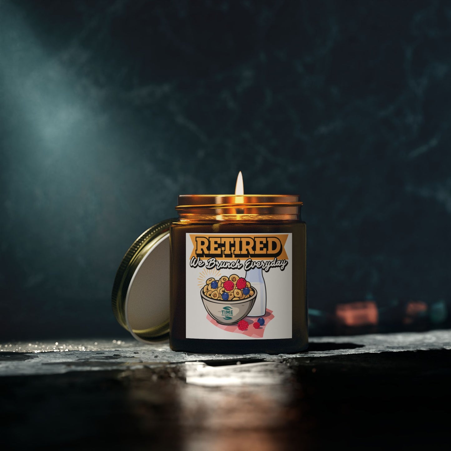 Brunch Everyday scented candles made with coconut apricot wax in 4oz and 9oz sizes. A humorous retirement gift or relaxing home decor piece.
