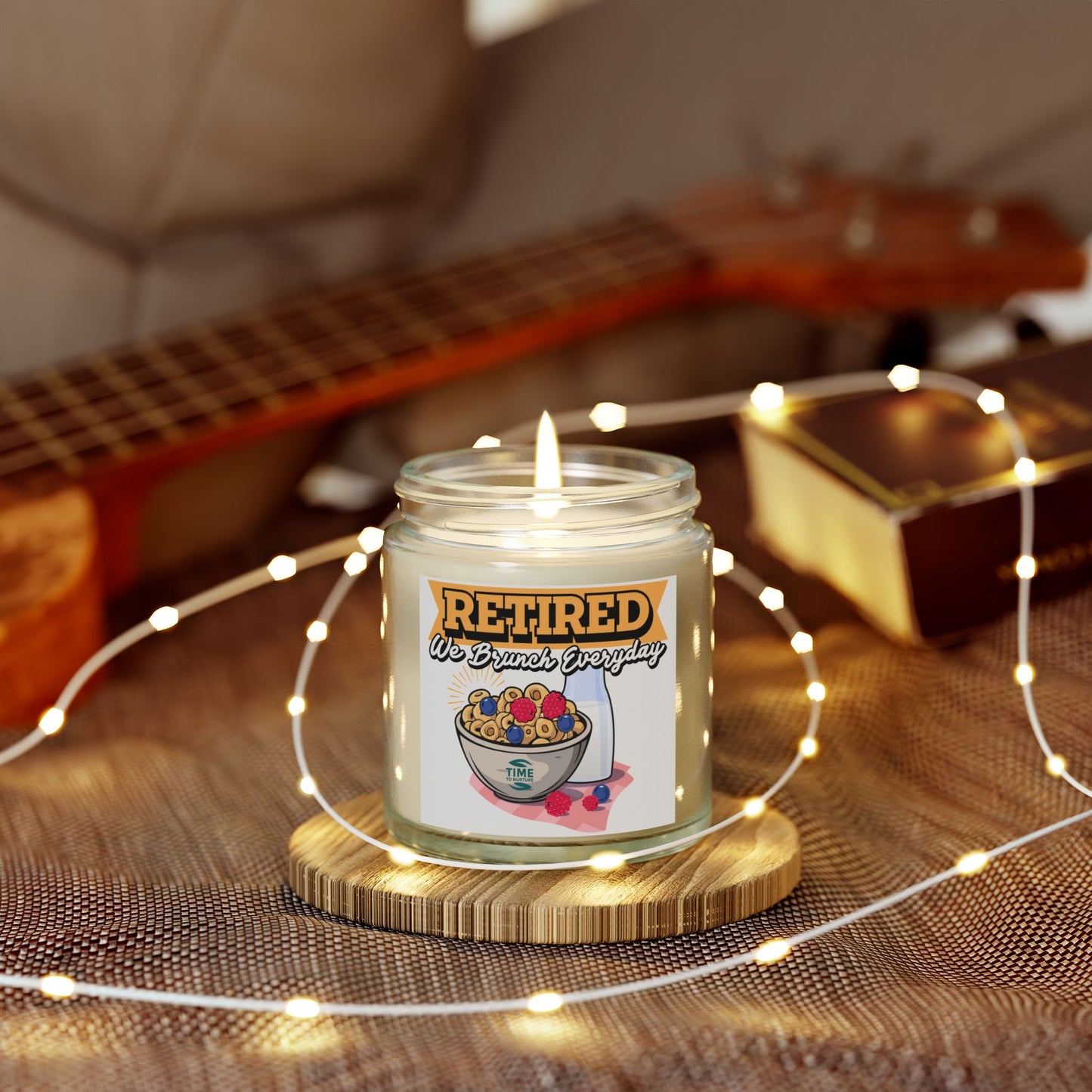 Brunch Everyday scented candles made with coconut apricot wax in 4oz and 9oz sizes. A humorous retirement gift or relaxing home decor piece.