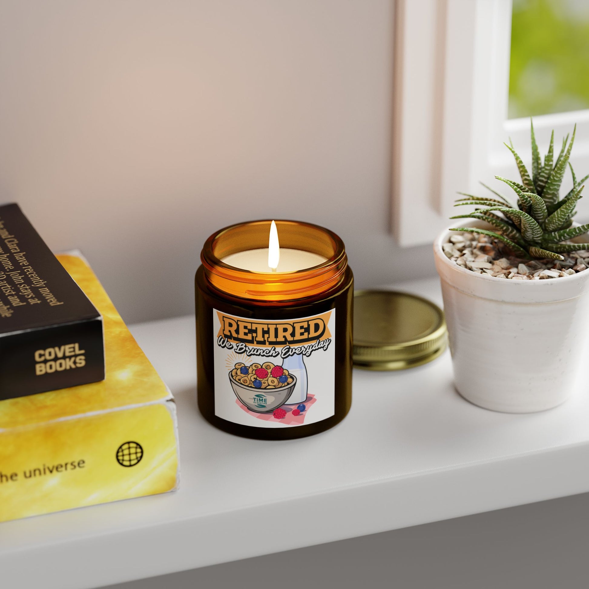 Brunch Everyday scented candles made with coconut apricot wax in 4oz and 9oz sizes. A humorous retirement gift or relaxing home decor piece.