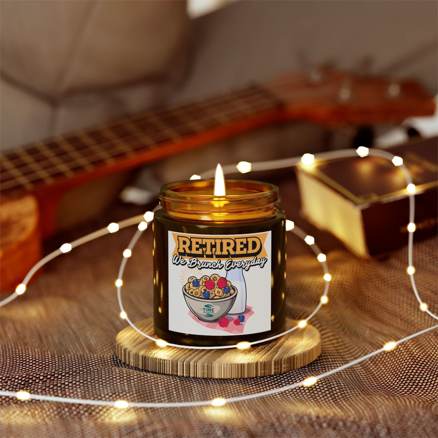 Brunch Everyday scented candles made with coconut apricot wax in 4oz and 9oz sizes. A humorous retirement gift or relaxing home decor piece.