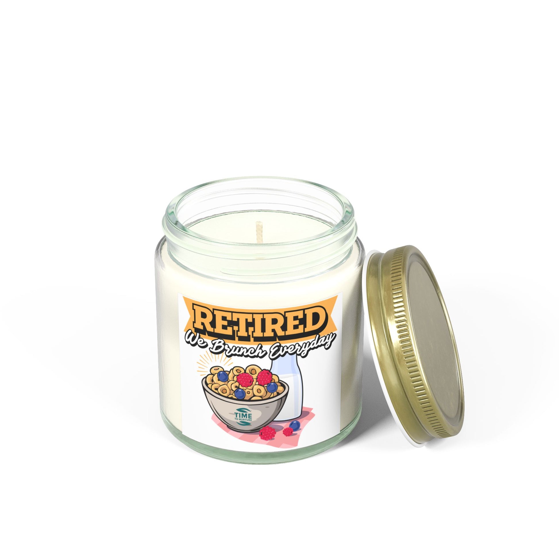 Brunch Everyday scented candles made with coconut apricot wax in 4oz and 9oz sizes. A humorous retirement gift or relaxing home decor piece.
