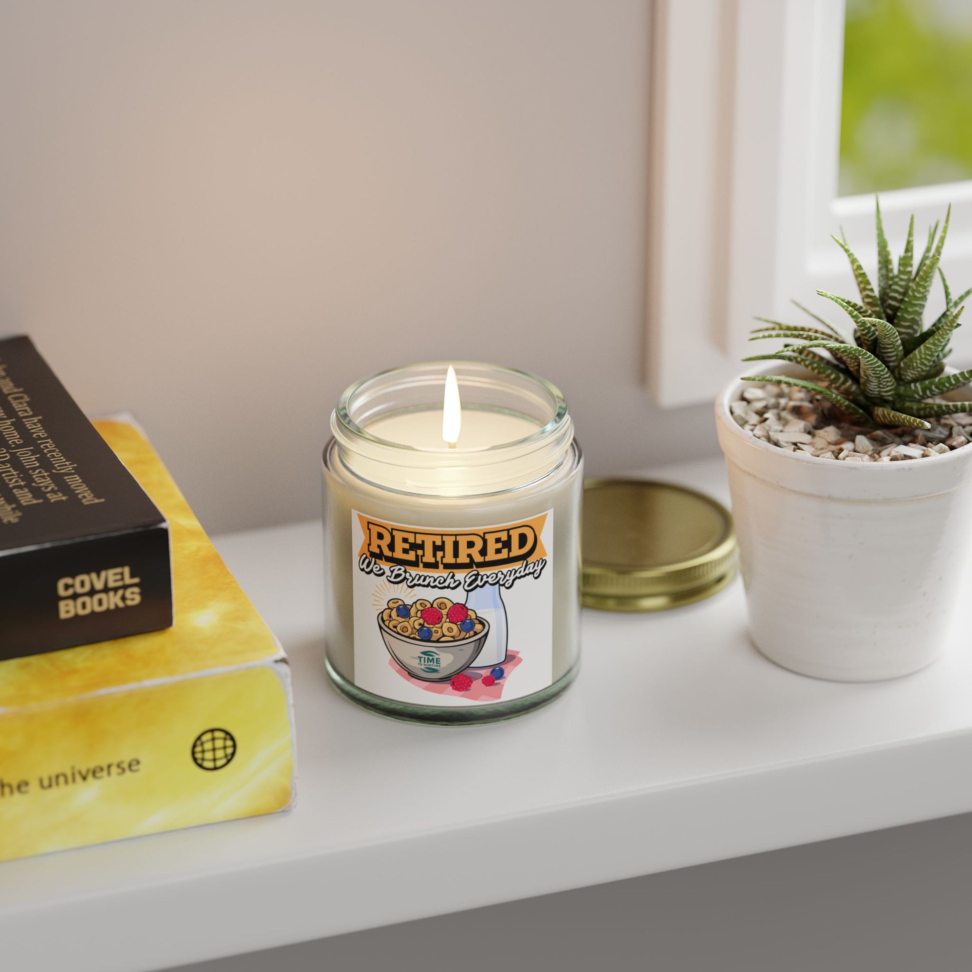 Brunch Everyday scented candles made with coconut apricot wax in 4oz and 9oz sizes. A humorous retirement gift or relaxing home decor piece.