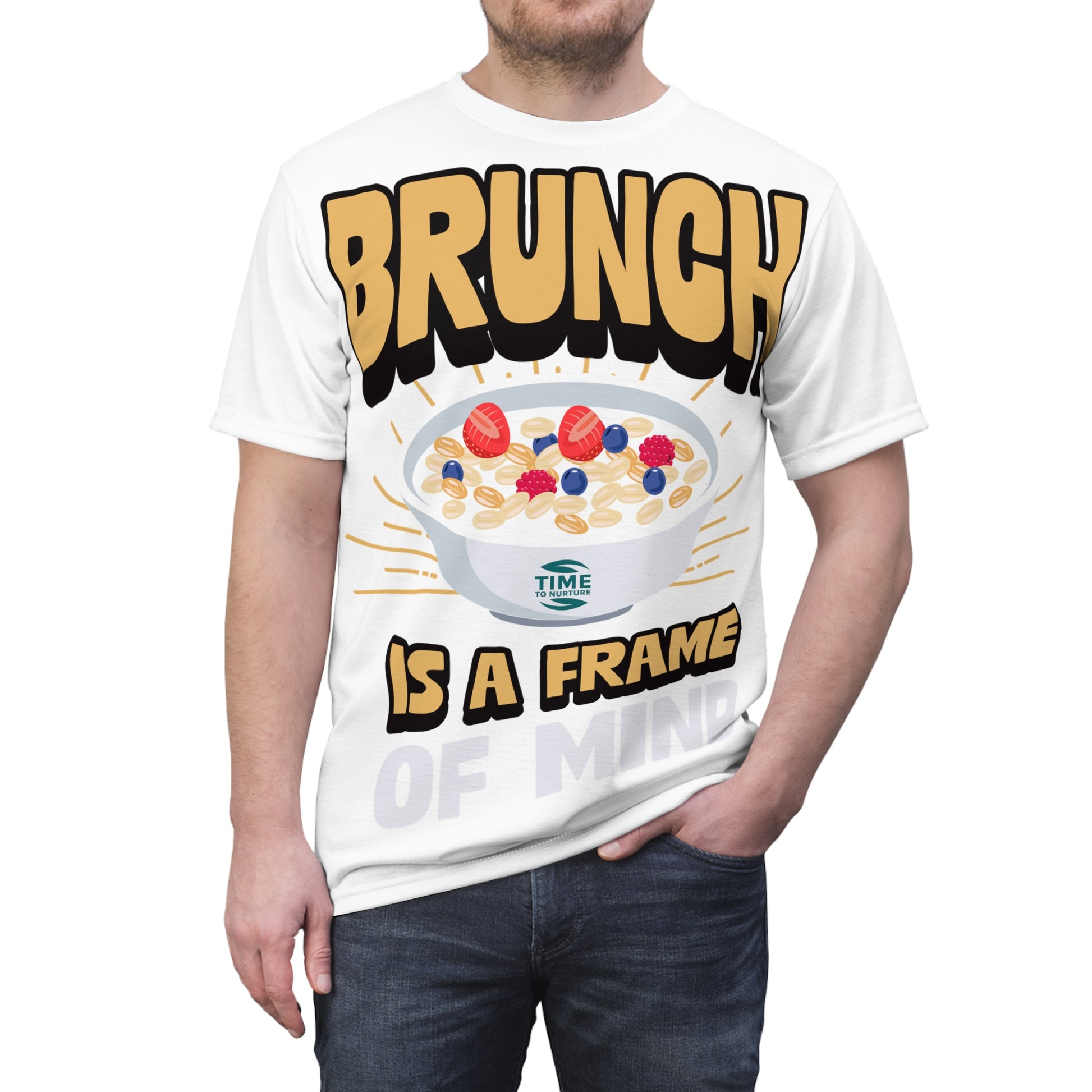 Brunch Frame of Mind Unisex Tee Shirt with all-over print, perfect retirement gift for brunch lovers and foodies, ideal for relaxation and casual wear