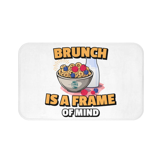 Brunch Is a Frame of Mind bath mat with a cozy and stylish design, perfect for adding a fun touch to the bathroom or kitchen, ideal for brunch lovers and home entertainers.