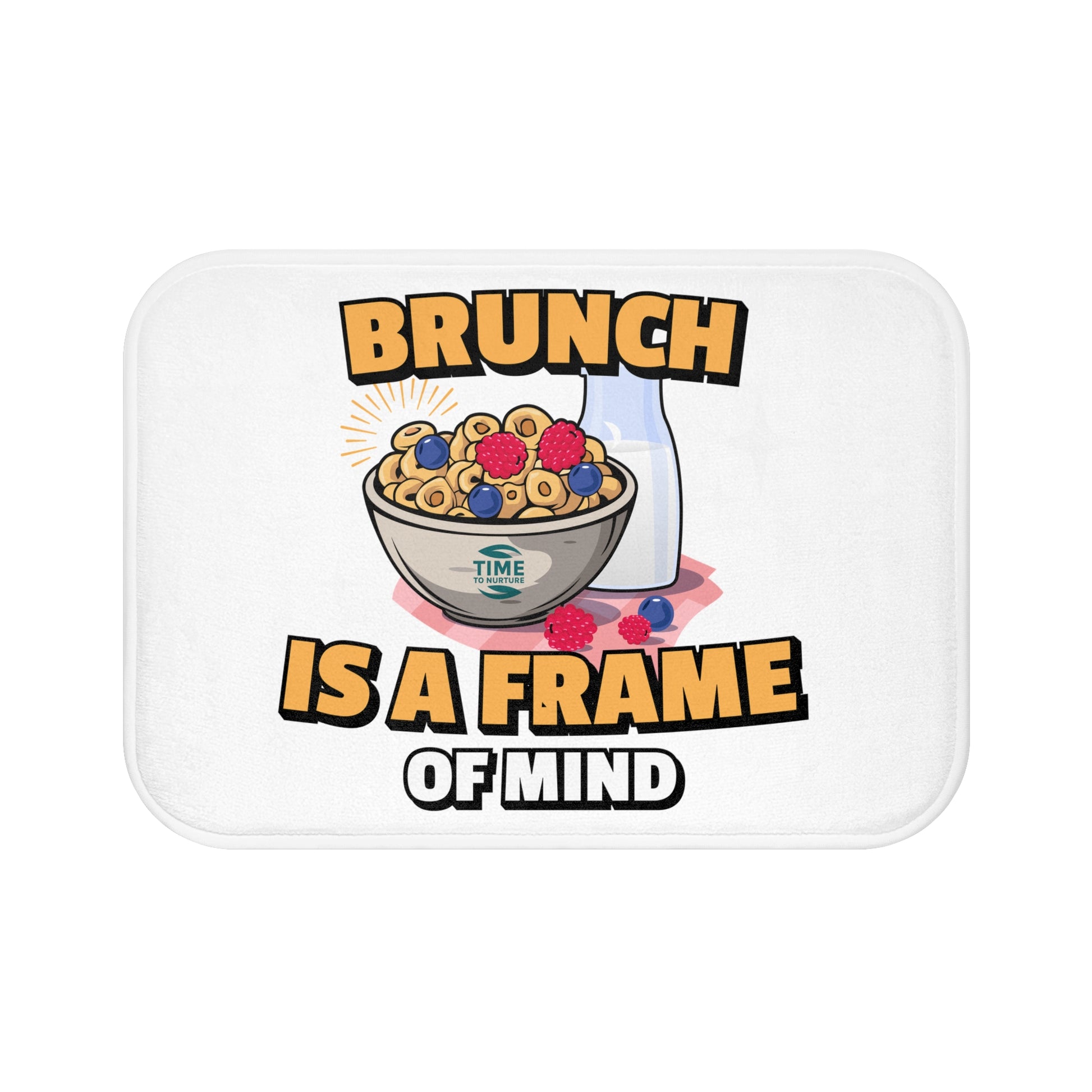 Brunch Is a Frame of Mind bath mat with a cozy and stylish design, perfect for adding a fun touch to the bathroom or kitchen, ideal for brunch lovers and home entertainers.