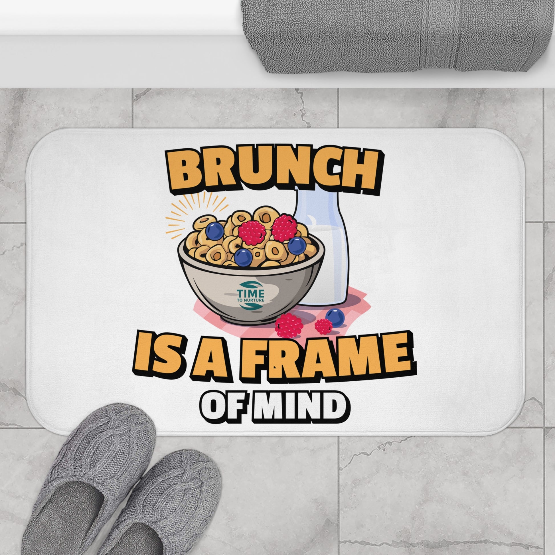 Brunch Is a Frame of Mind bath mat with a cozy and stylish design, perfect for adding a fun touch to the bathroom or kitchen, ideal for brunch lovers and home entertainers.