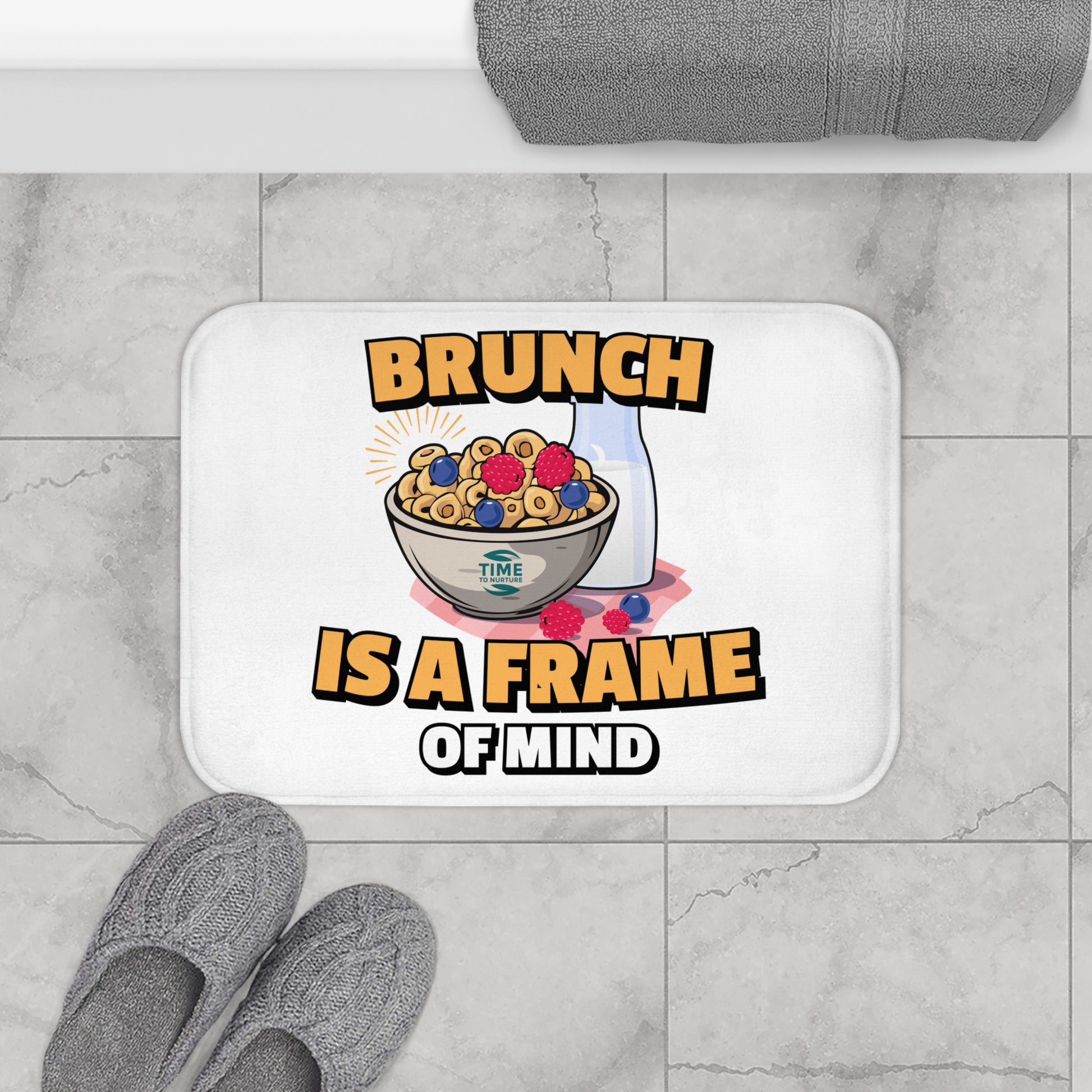 Brunch Is a Frame of Mind bath mat with a cozy and stylish design, perfect for adding a fun touch to the bathroom or kitchen, ideal for brunch lovers and home entertainers.