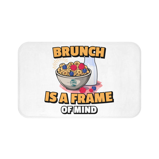Brunch Is a Frame of Mind bath mat with a fun and vibrant design, adding a playful touch to kitchens or bathrooms, perfect for food lovers and cozy home decor