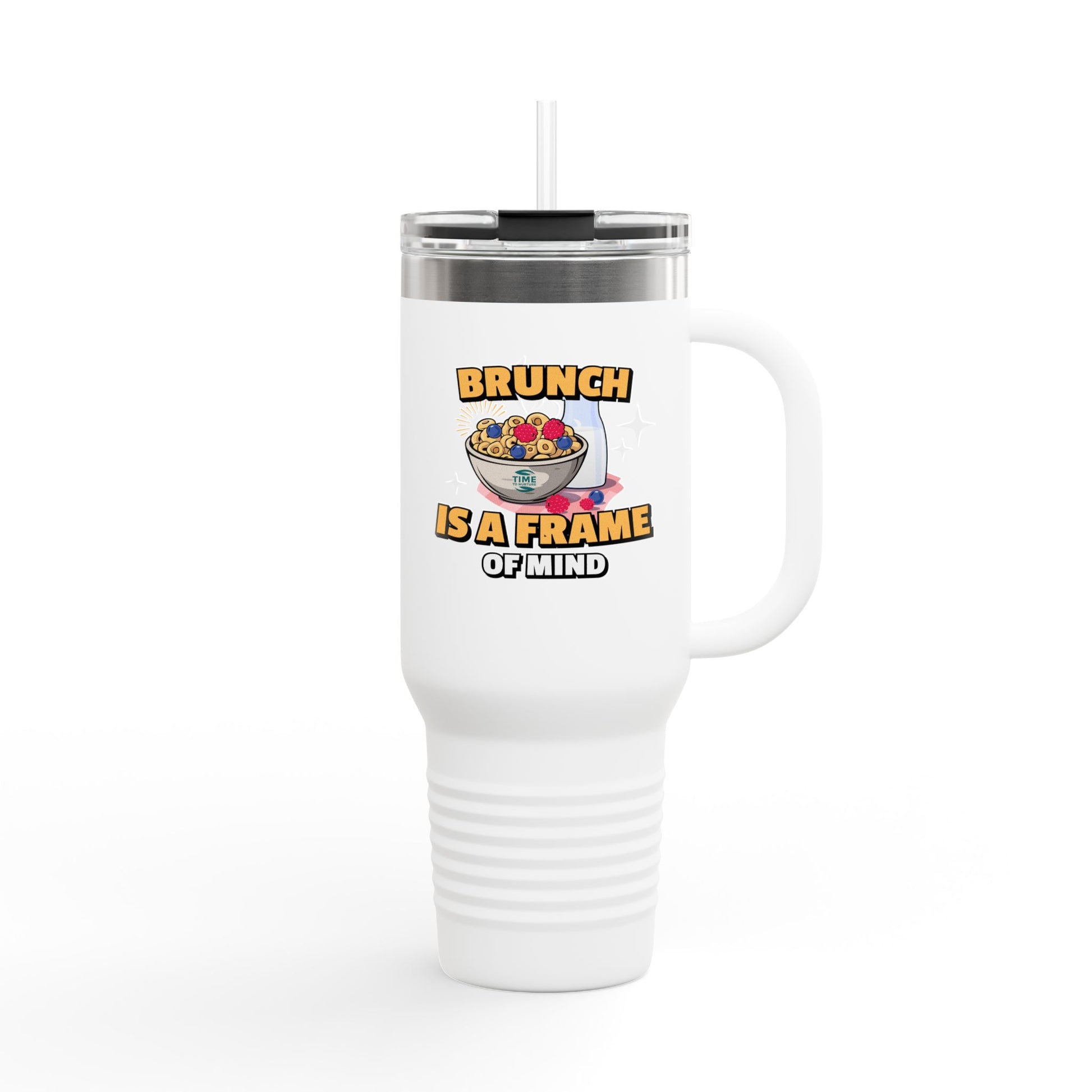 Brunch Vibes insulated travel mug, 40oz, with a stylish design. Large thermal coffee cup keeps beverages hot or cold, featuring a sturdy handle and lid for on-the-go convenience. Perfect gift for brunch lovers and coffee enthusiasts.