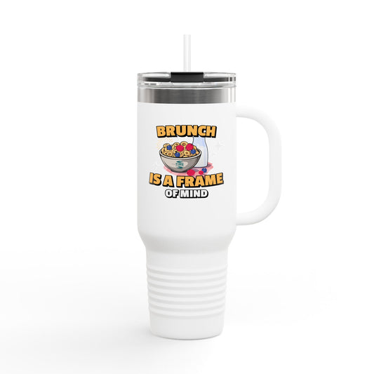Brunch Vibes insulated travel mug, 40oz, with a stylish design. Large thermal coffee cup keeps beverages hot or cold, featuring a sturdy handle and lid for on-the-go convenience. Perfect gift for brunch lovers and coffee enthusiasts.