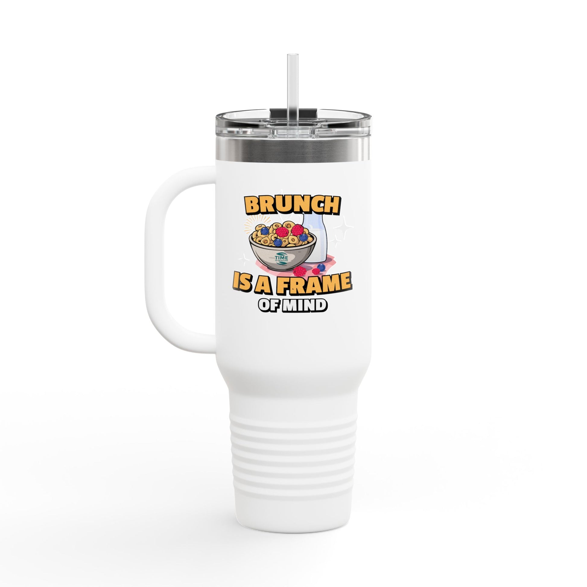 Brunch Vibes insulated travel mug, 40oz, with a stylish design. Large thermal coffee cup keeps beverages hot or cold, featuring a sturdy handle and lid for on-the-go convenience. Perfect gift for brunch lovers and coffee enthusiasts.