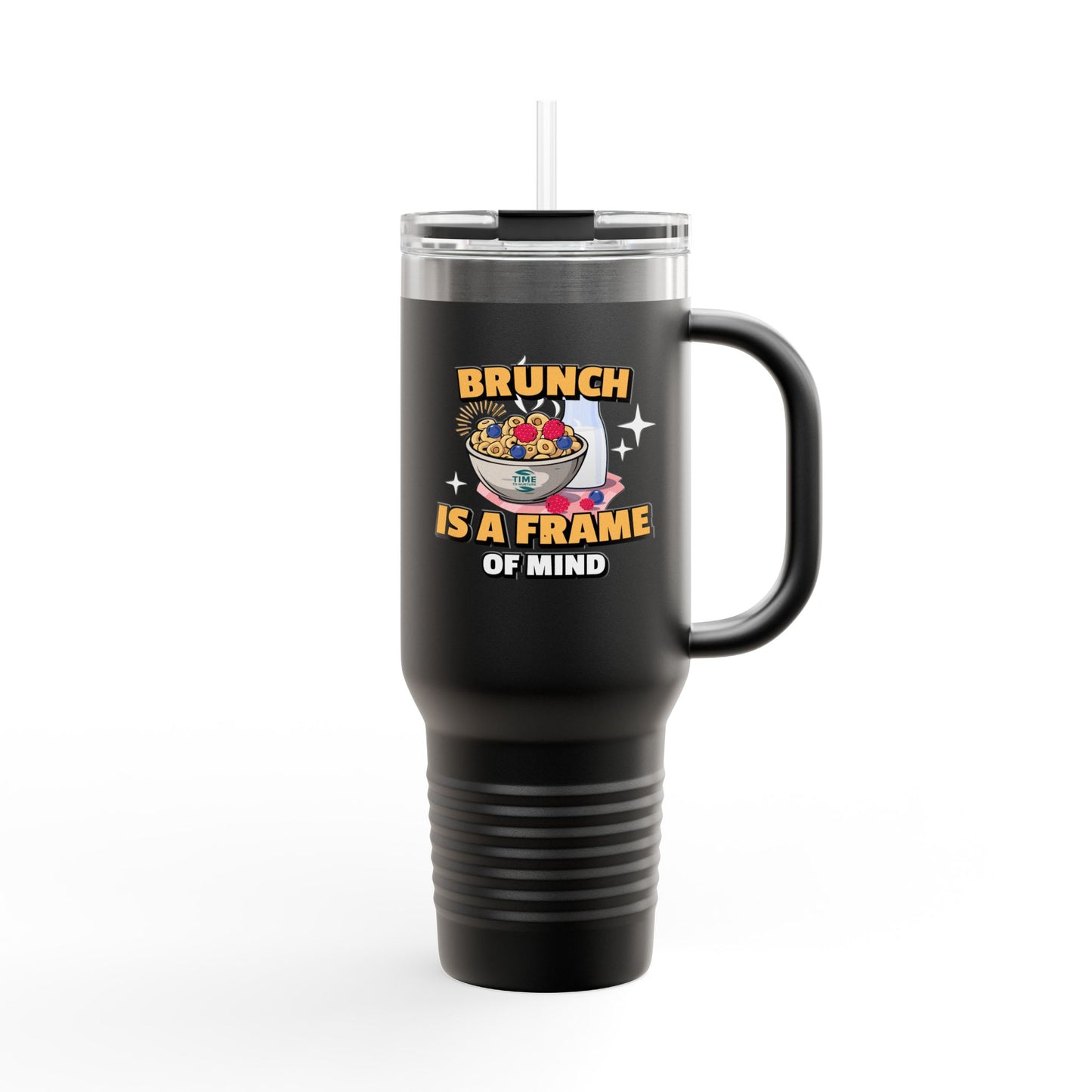 Brunch Vibes insulated travel mug, 40oz, with a stylish design. Large thermal coffee cup keeps beverages hot or cold, featuring a sturdy handle and lid for on-the-go convenience. Perfect gift for brunch lovers and coffee enthusiasts.