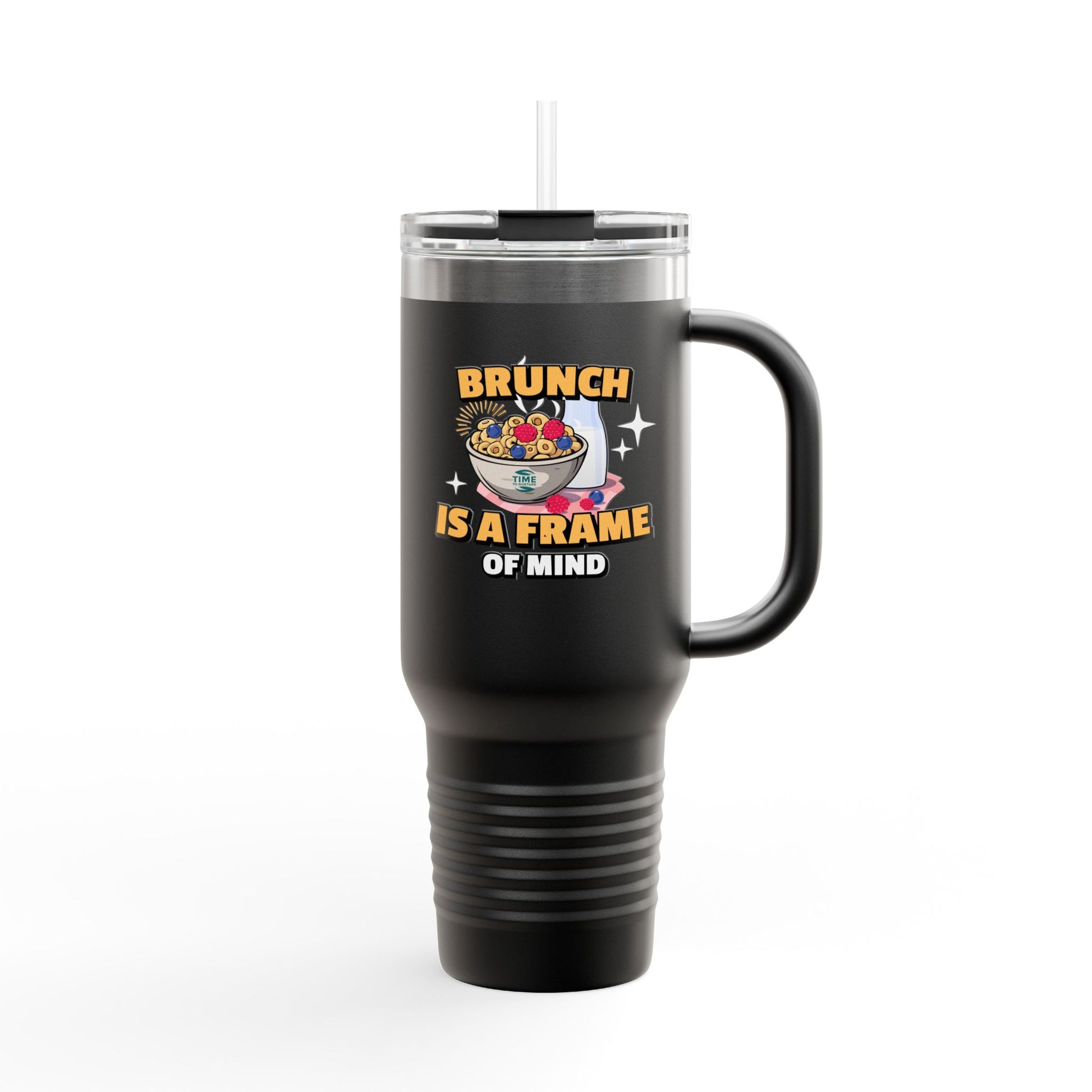 Brunch Vibes insulated travel mug, 40oz, with a stylish design. Large thermal coffee cup keeps beverages hot or cold, featuring a sturdy handle and lid for on-the-go convenience. Perfect gift for brunch lovers and coffee enthusiasts.