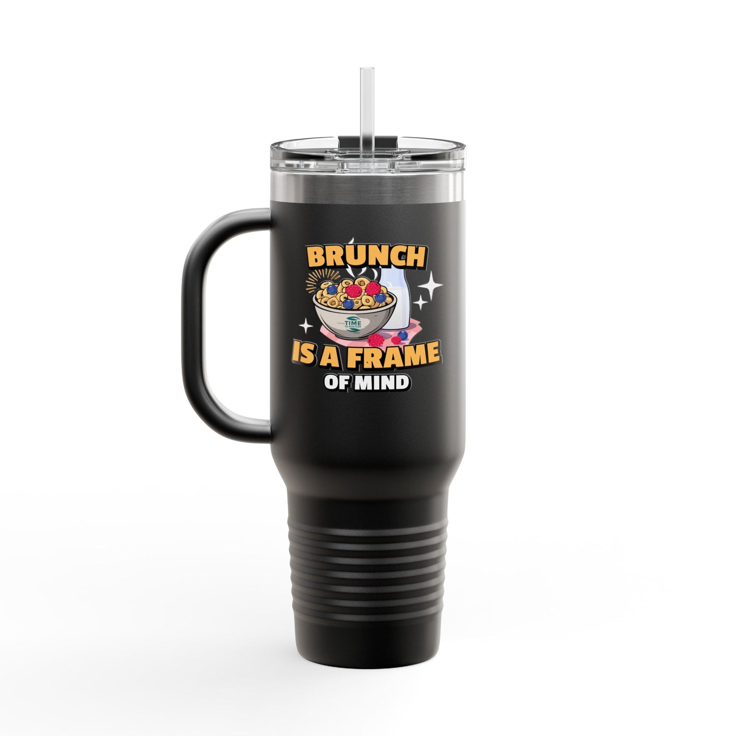 Brunch Vibes insulated travel mug, 40oz, with a stylish design. Large thermal coffee cup keeps beverages hot or cold, featuring a sturdy handle and lid for on-the-go convenience. Perfect gift for brunch lovers and coffee enthusiasts.
