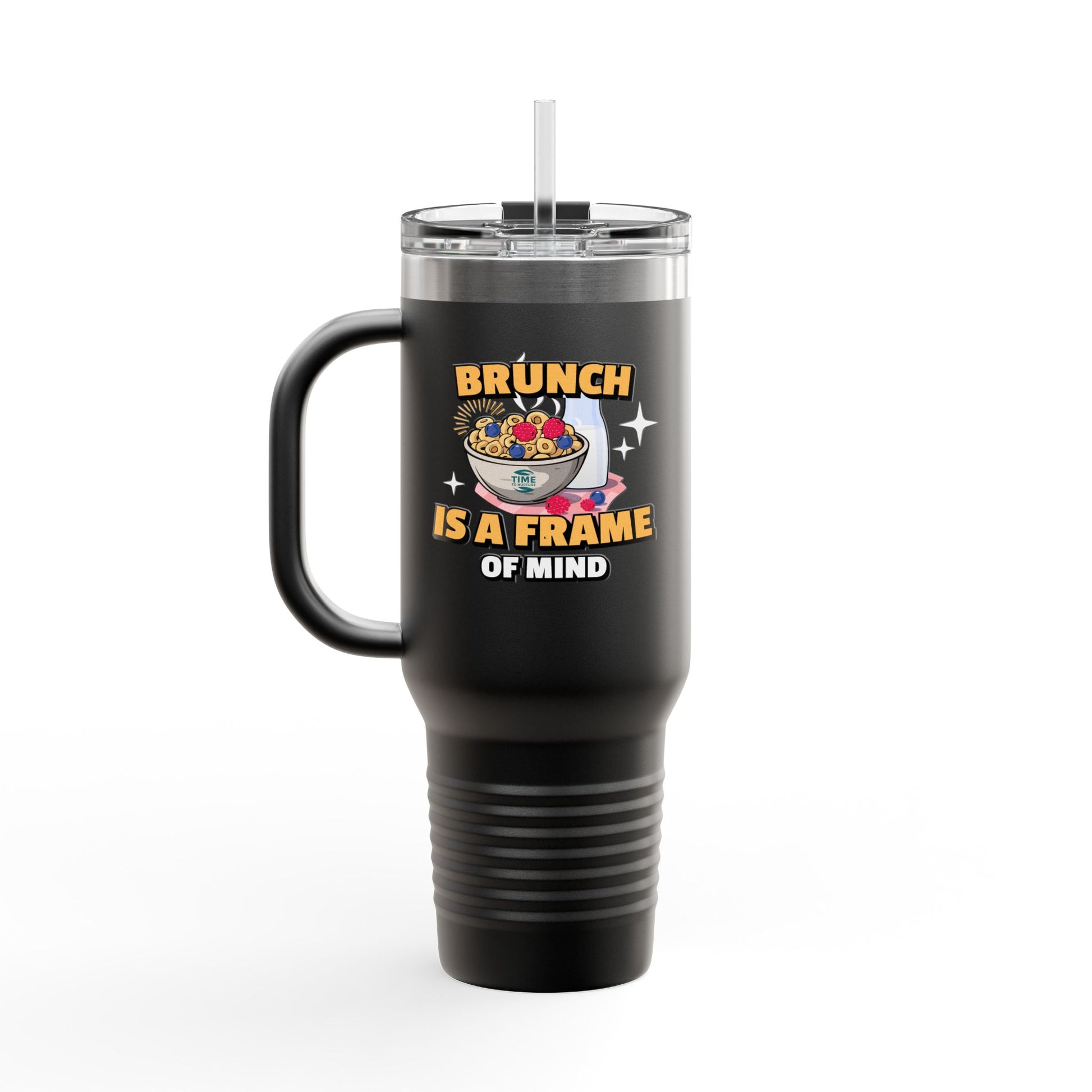 Brunch Vibes insulated travel mug, 40oz, with a stylish design. Large thermal coffee cup keeps beverages hot or cold, featuring a sturdy handle and lid for on-the-go convenience. Perfect gift for brunch lovers and coffee enthusiasts.