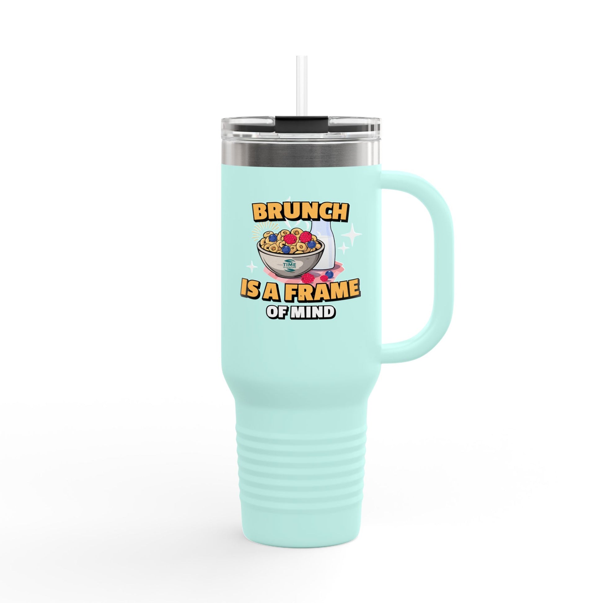 Brunch Vibes insulated travel mug, 40oz, with a stylish design. Large thermal coffee cup keeps beverages hot or cold, featuring a sturdy handle and lid for on-the-go convenience. Perfect gift for brunch lovers and coffee enthusiasts.