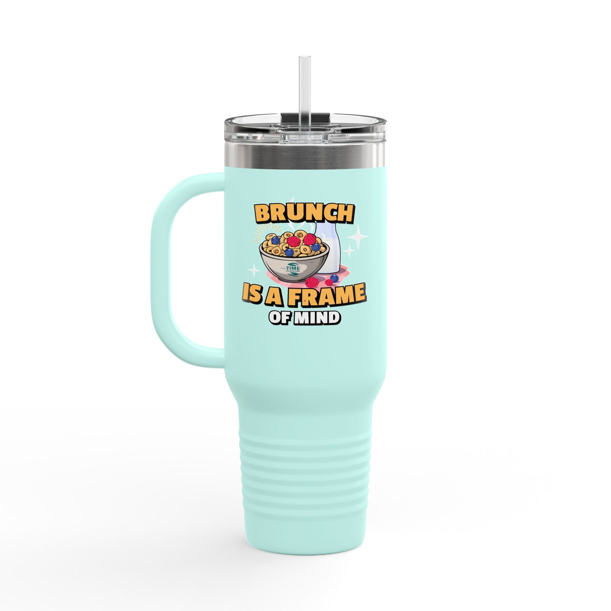 Brunch Vibes insulated travel mug, 40oz, with a stylish design. Large thermal coffee cup keeps beverages hot or cold, featuring a sturdy handle and lid for on-the-go convenience. Perfect gift for brunch lovers and coffee enthusiasts.