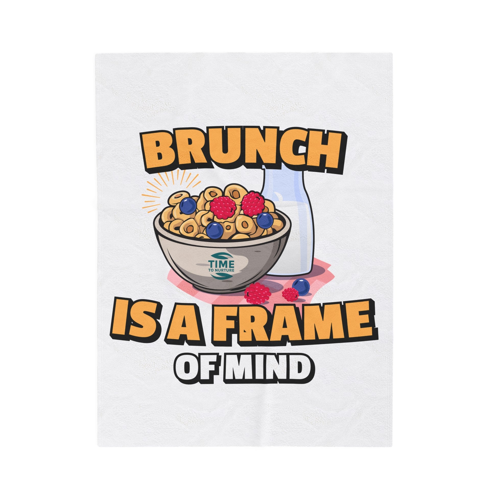Brunch Vibes velveteen plush throw blanket with a cozy and stylish design, perfect for foodies and retirees, featuring an exclusive Frame of Mind pattern for relaxing brunch mornings.