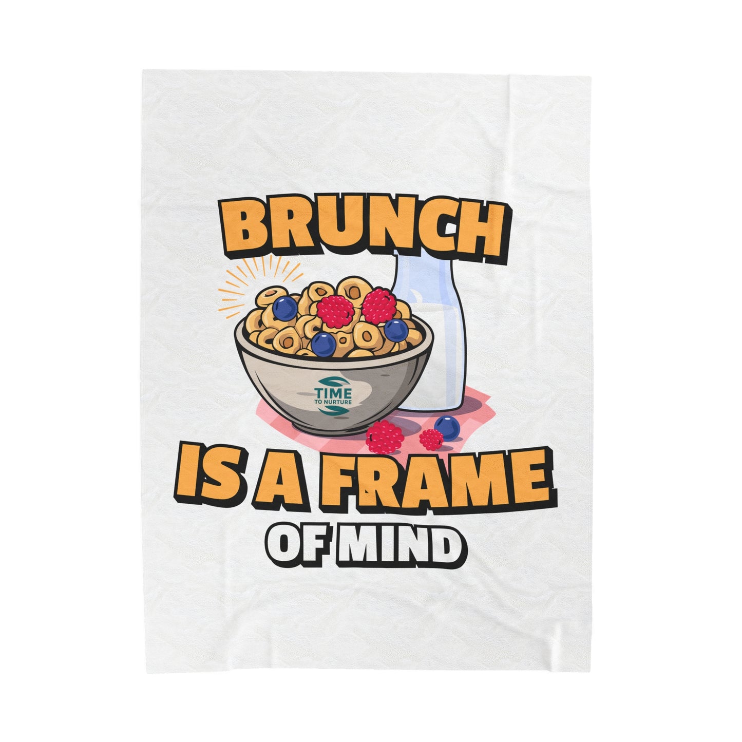 Brunch Vibes velveteen plush throw blanket with a cozy and stylish design, perfect for foodies and retirees, featuring an exclusive Frame of Mind pattern for relaxing brunch mornings.