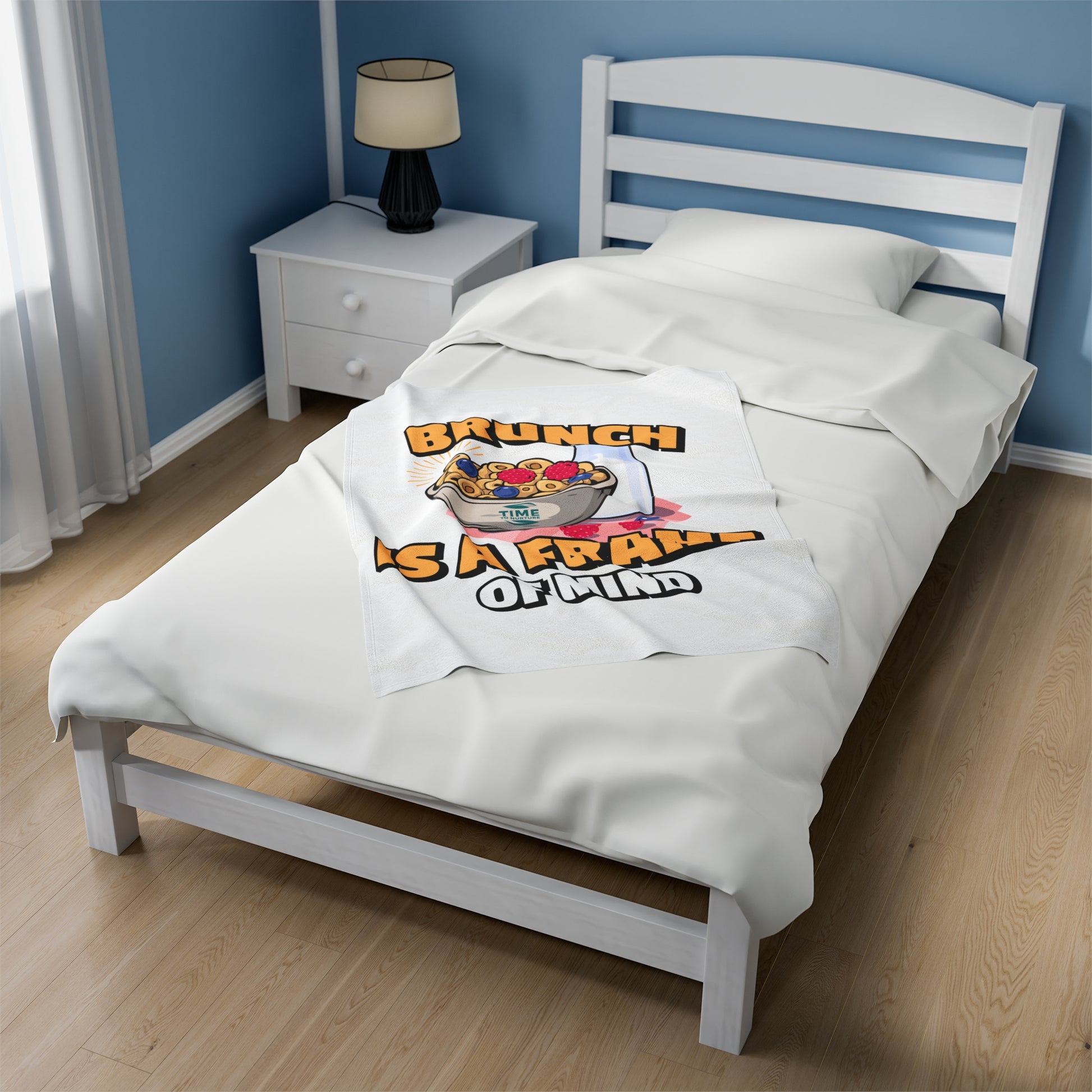 Brunch Vibes velveteen plush throw blanket with a cozy and stylish design, perfect for foodies and retirees, featuring an exclusive Frame of Mind pattern for relaxing brunch mornings.