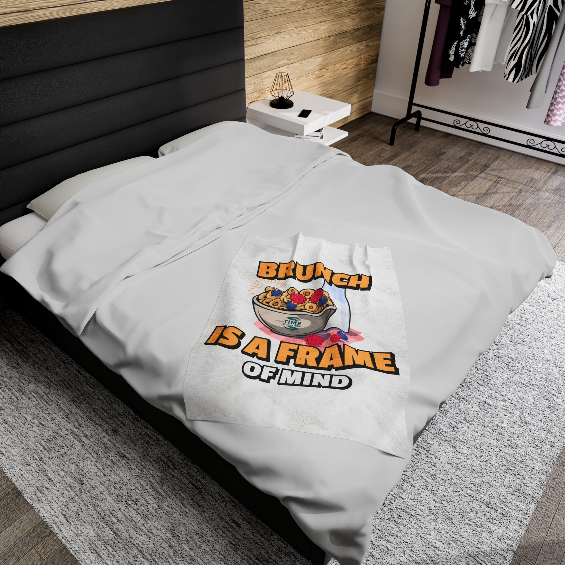 Brunch Vibes velveteen plush throw blanket with a cozy and stylish design, perfect for foodies and retirees, featuring an exclusive Frame of Mind pattern for relaxing brunch mornings.