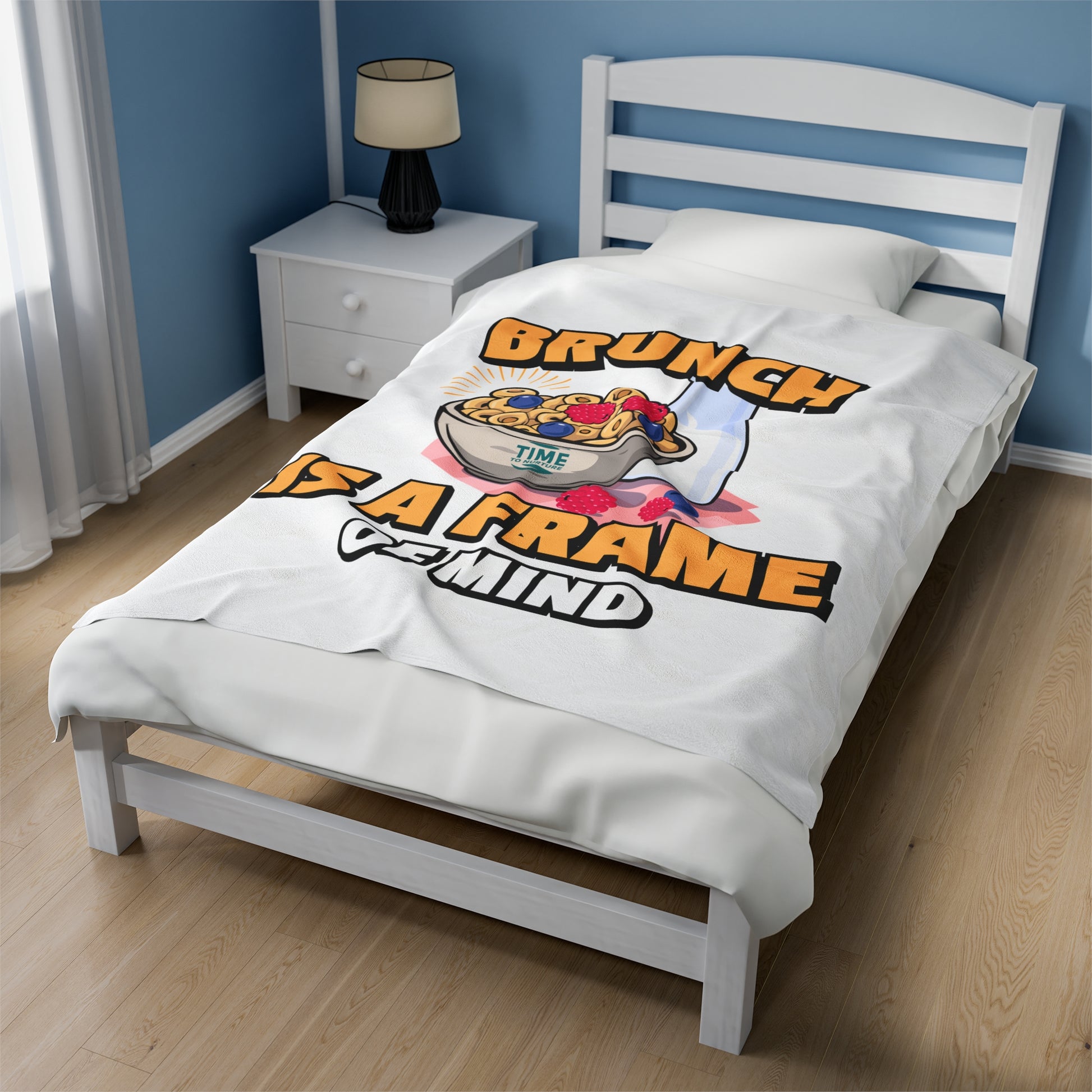 Brunch Vibes velveteen plush throw blanket with a cozy and stylish design, perfect for foodies and retirees, featuring an exclusive Frame of Mind pattern for relaxing brunch mornings.