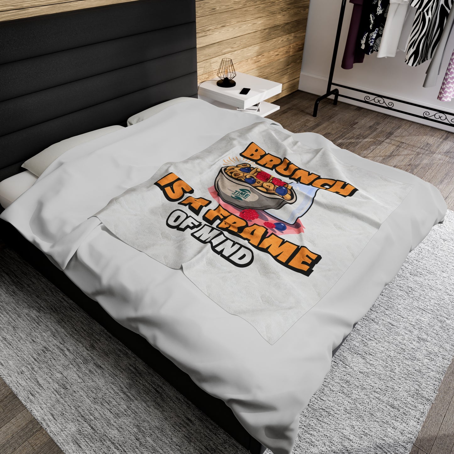 Brunch Vibes velveteen plush throw blanket with a cozy and stylish design, perfect for foodies and retirees, featuring an exclusive Frame of Mind pattern for relaxing brunch mornings.