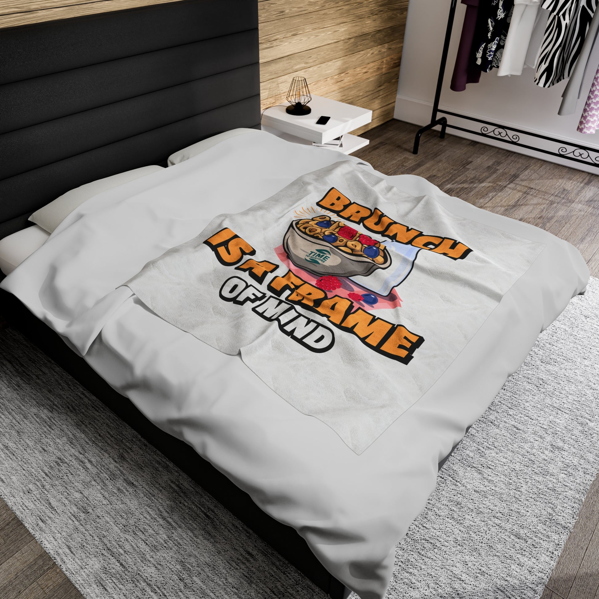 Brunch Vibes velveteen plush throw blanket with a cozy and stylish design, perfect for foodies and retirees, featuring an exclusive Frame of Mind pattern for relaxing brunch mornings.