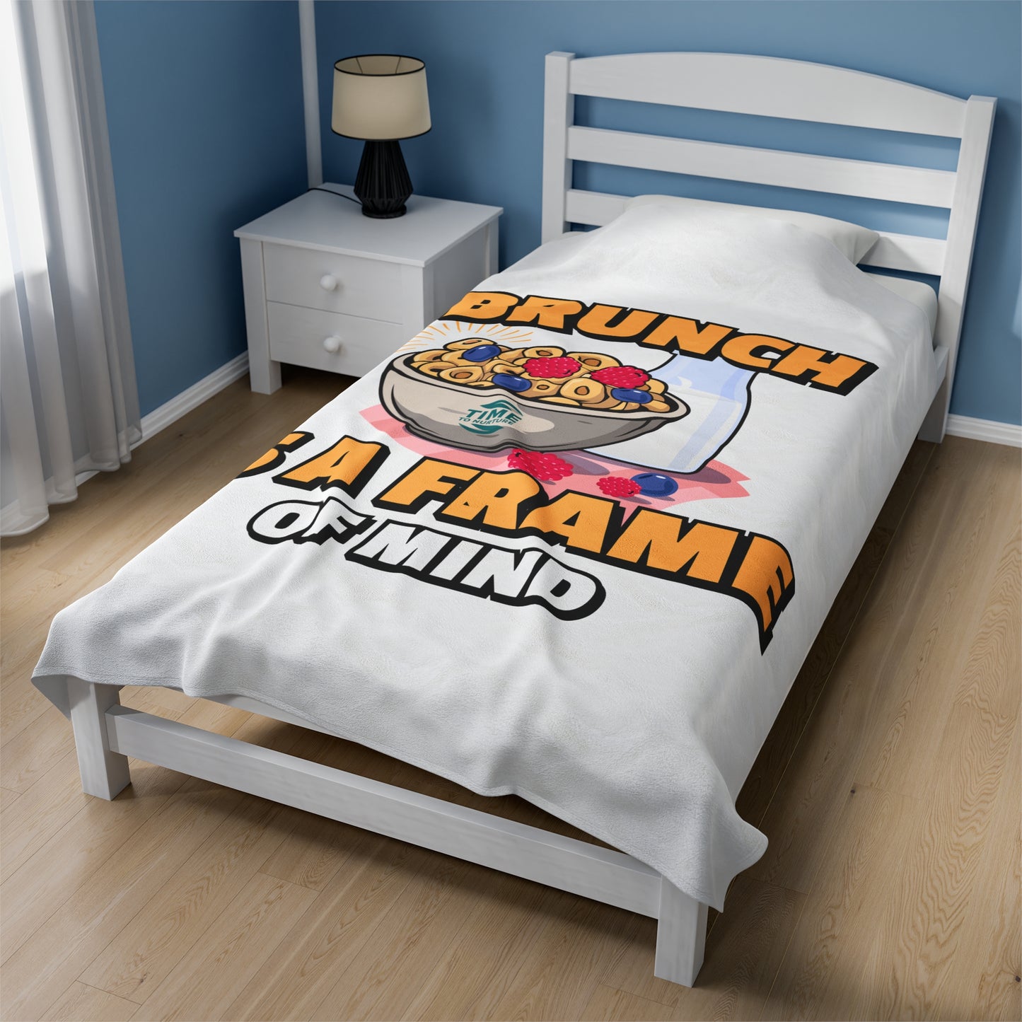 Brunch Vibes velveteen plush throw blanket with a cozy and stylish design, perfect for foodies and retirees, featuring an exclusive Frame of Mind pattern for relaxing brunch mornings.