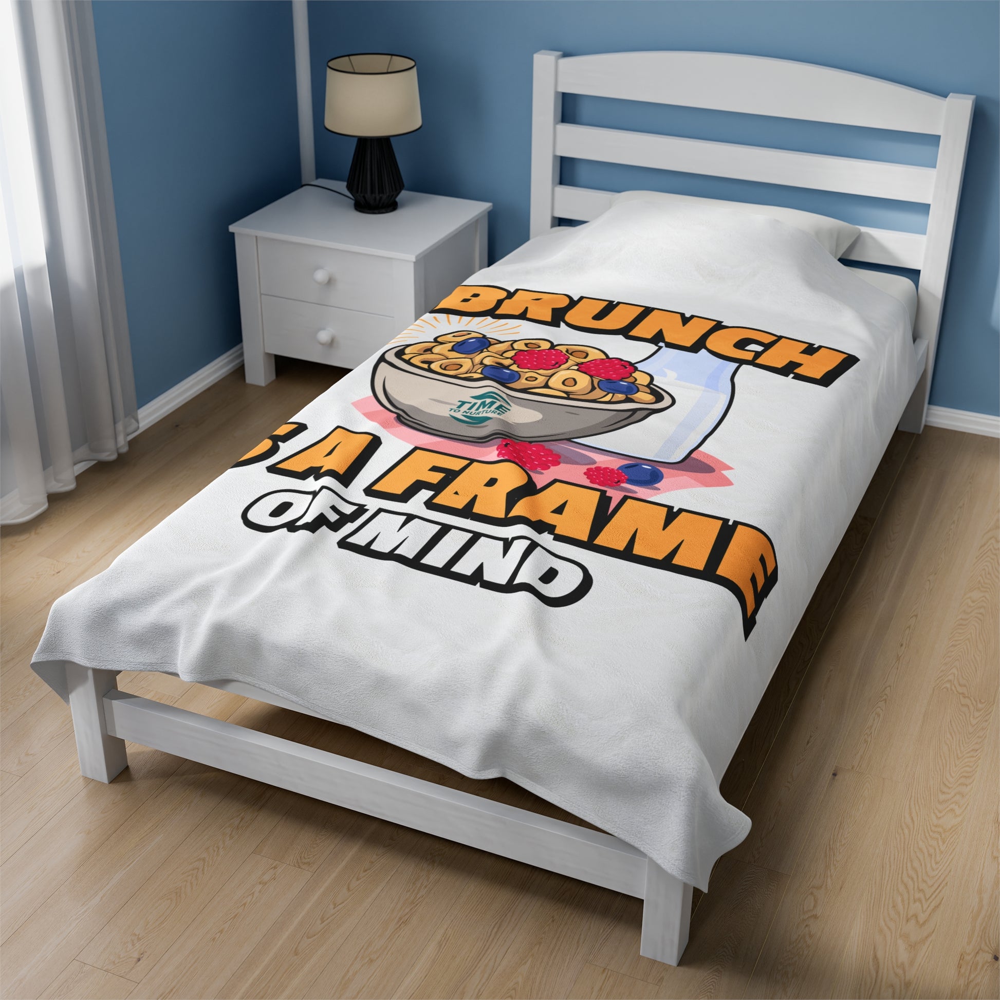 Brunch Vibes velveteen plush throw blanket with a cozy and stylish design, perfect for foodies and retirees, featuring an exclusive Frame of Mind pattern for relaxing brunch mornings.