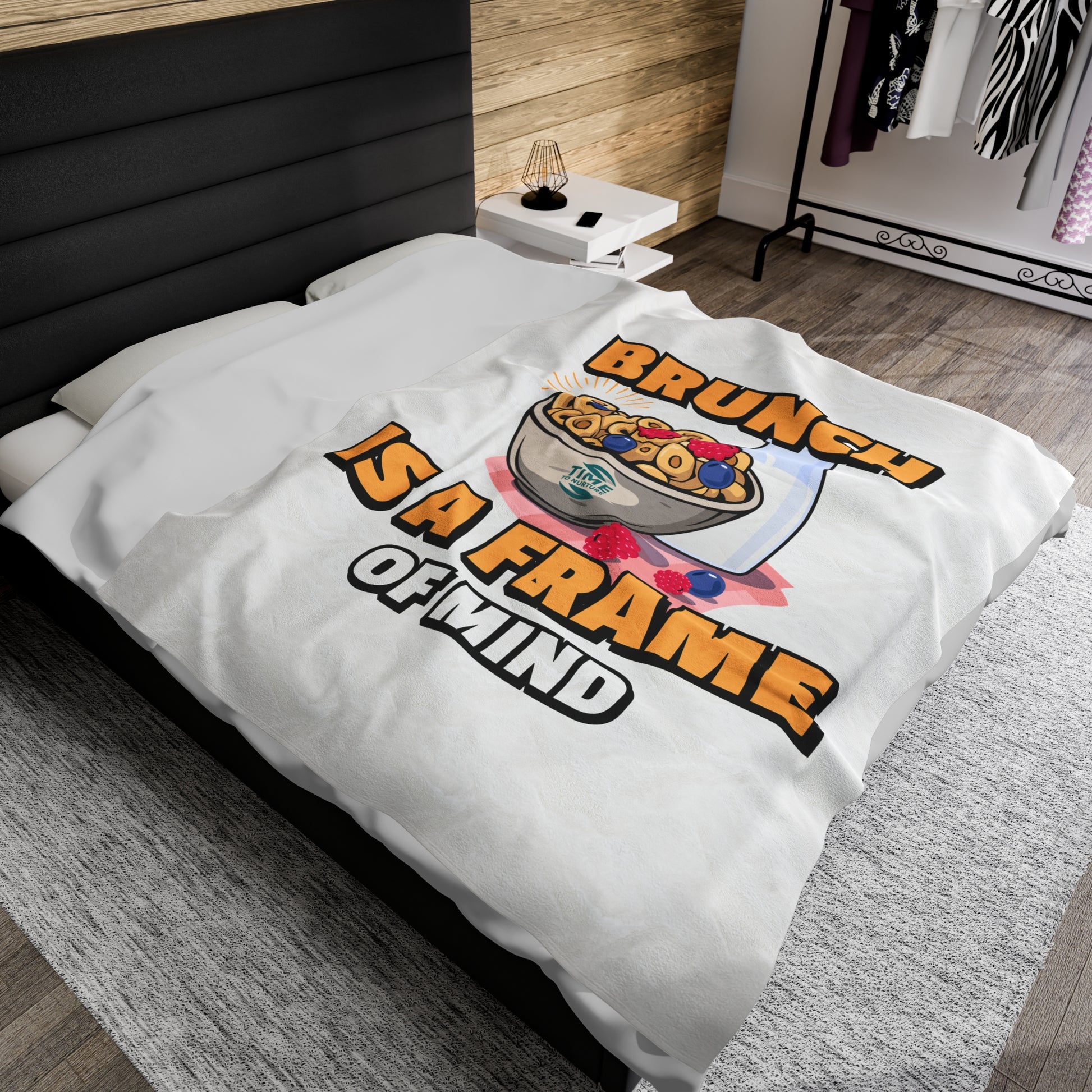Brunch Vibes velveteen plush throw blanket with a cozy and stylish design, perfect for foodies and retirees, featuring an exclusive Frame of Mind pattern for relaxing brunch mornings.