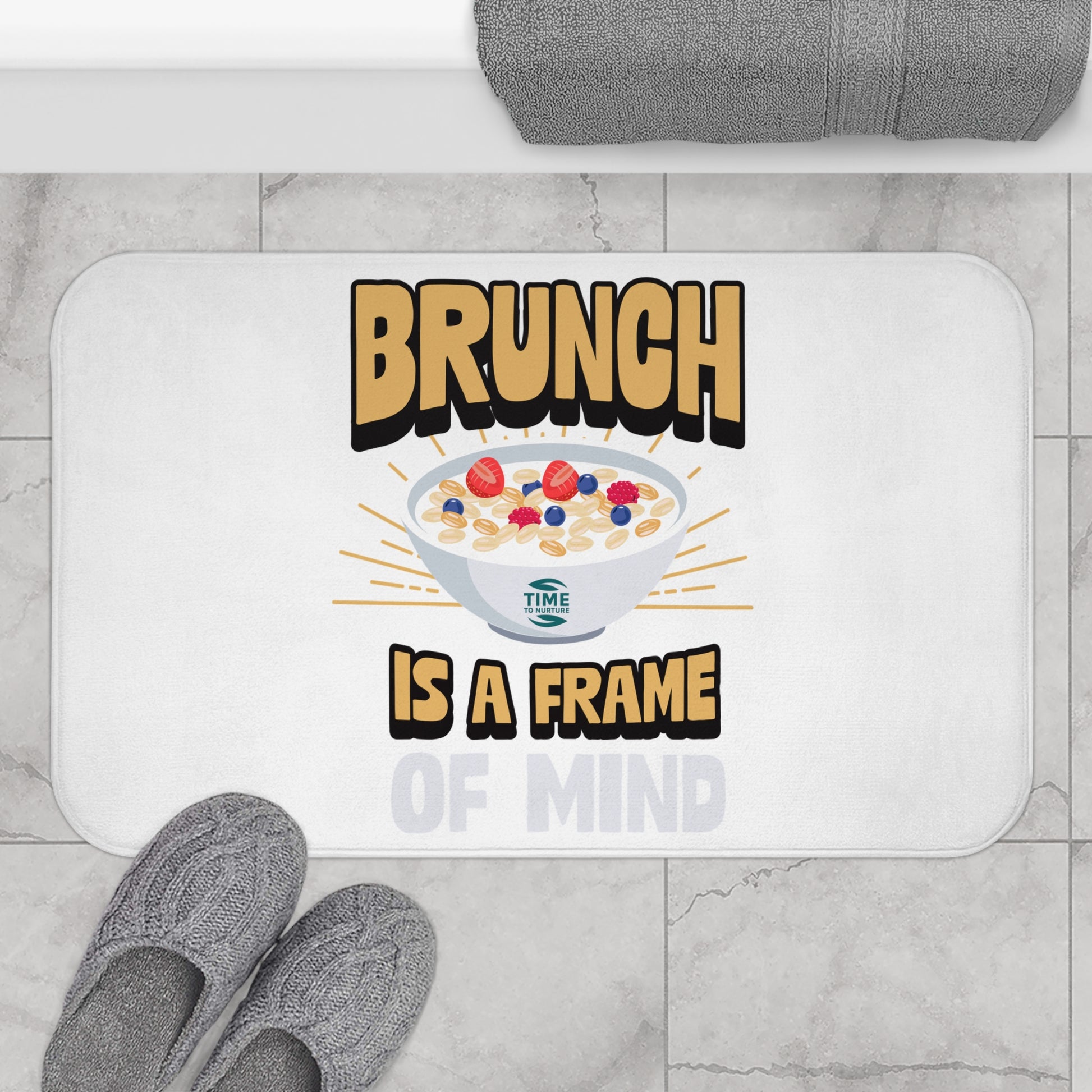 Brunch bath mat with a fun and playful design, perfect for kitchens and bathrooms. A unique home accessory that adds a cozy vibe, making it an ideal gift for foodies and brunch lovers.