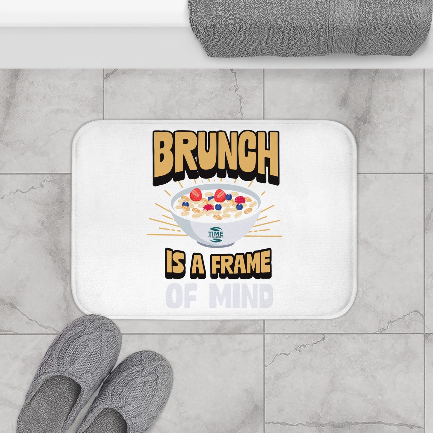 Brunch bath mat with a fun and playful design, perfect for kitchens and bathrooms. A unique home accessory that adds a cozy vibe, making it an ideal gift for foodies and brunch lovers.