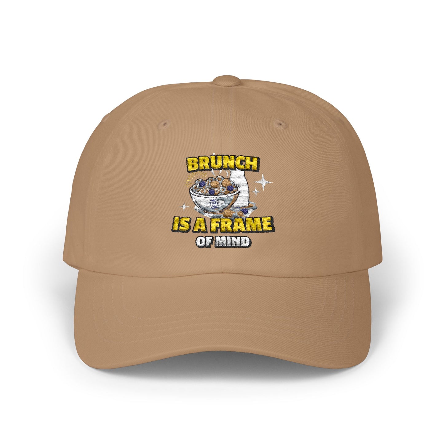 Brunch is a Frame of Mind dad cap with a classic and stylish design, perfect for brunch lovers, foodies, and weekend outings. A trendy and comfortable accessory for everyday wear.