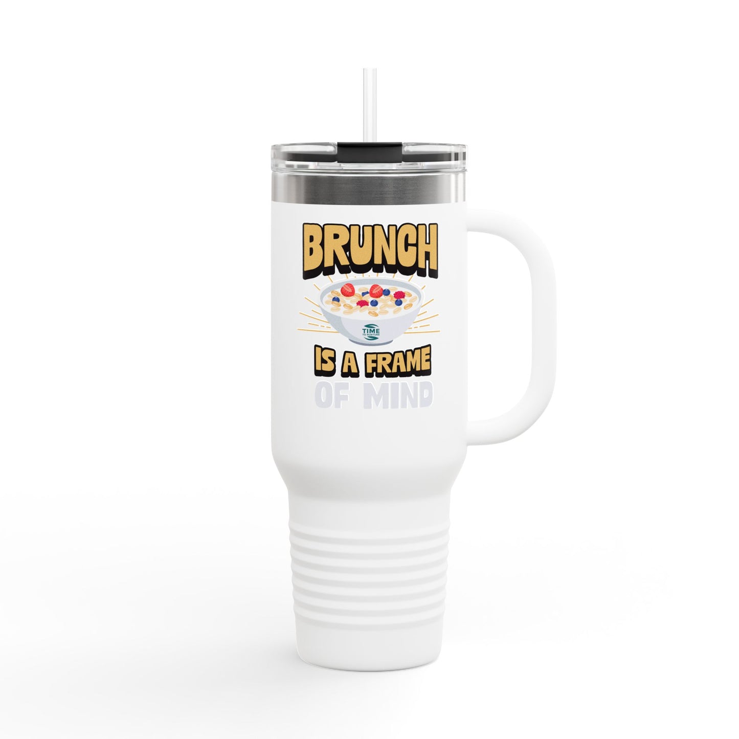 Brunch is a Frame of Mind insulated travel mug, 40oz, with a sleek and durable design. Keeps drinks hot or cold for hours, featuring a sturdy handle and secure lid for easy travel. Perfect for brunch lovers and travelers.