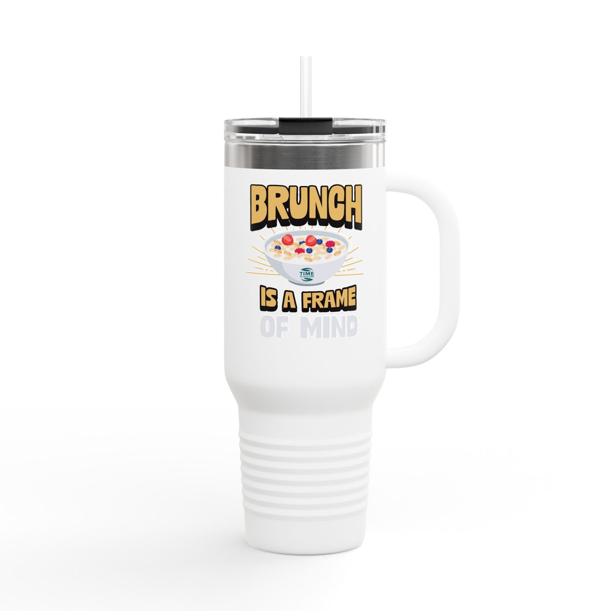 Brunch is a Frame of Mind insulated travel mug, 40oz, with a sleek and durable design. Keeps drinks hot or cold for hours, featuring a sturdy handle and secure lid for easy travel. Perfect for brunch lovers and travelers.