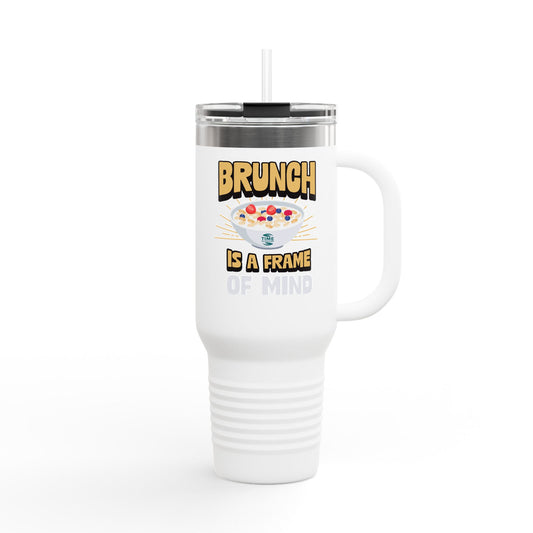 Brunch is a Frame of Mind insulated travel mug, 40oz, with a sleek and durable design. Keeps drinks hot or cold for hours, featuring a sturdy handle and secure lid for easy travel. Perfect for brunch lovers and travelers.