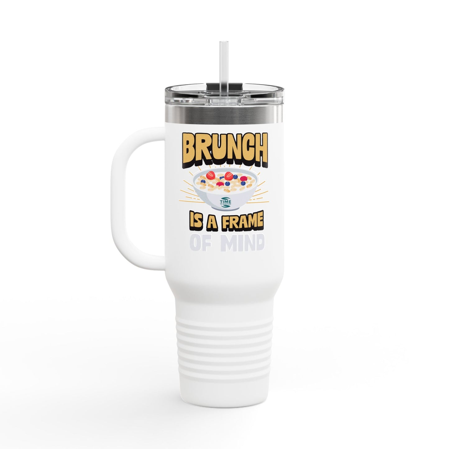 Brunch is a Frame of Mind insulated travel mug, 40oz, with a sleek and durable design. Keeps drinks hot or cold for hours, featuring a sturdy handle and secure lid for easy travel. Perfect for brunch lovers and travelers.