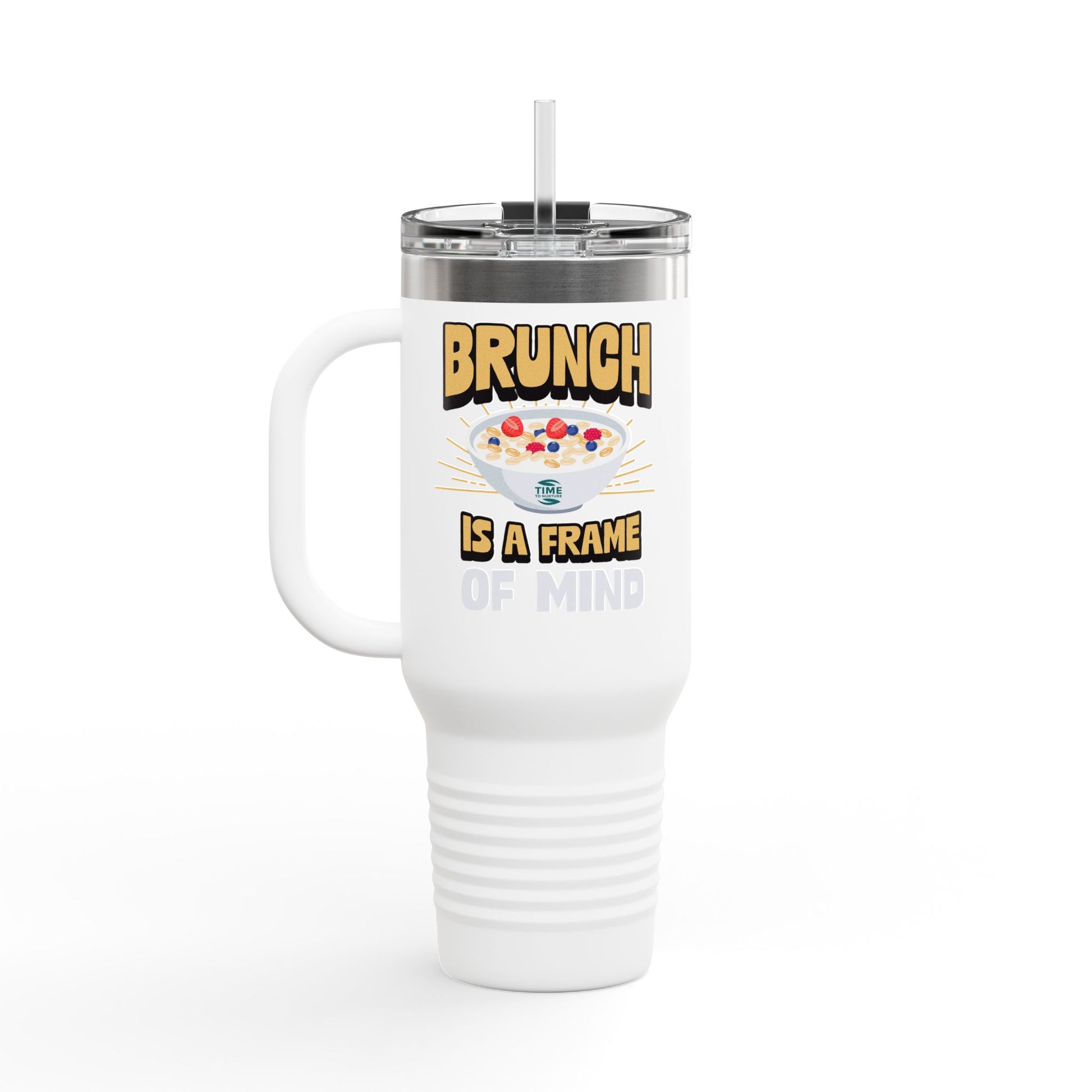 Brunch is a Frame of Mind insulated travel mug, 40oz, with a sleek and durable design. Keeps drinks hot or cold for hours, featuring a sturdy handle and secure lid for easy travel. Perfect for brunch lovers and travelers.