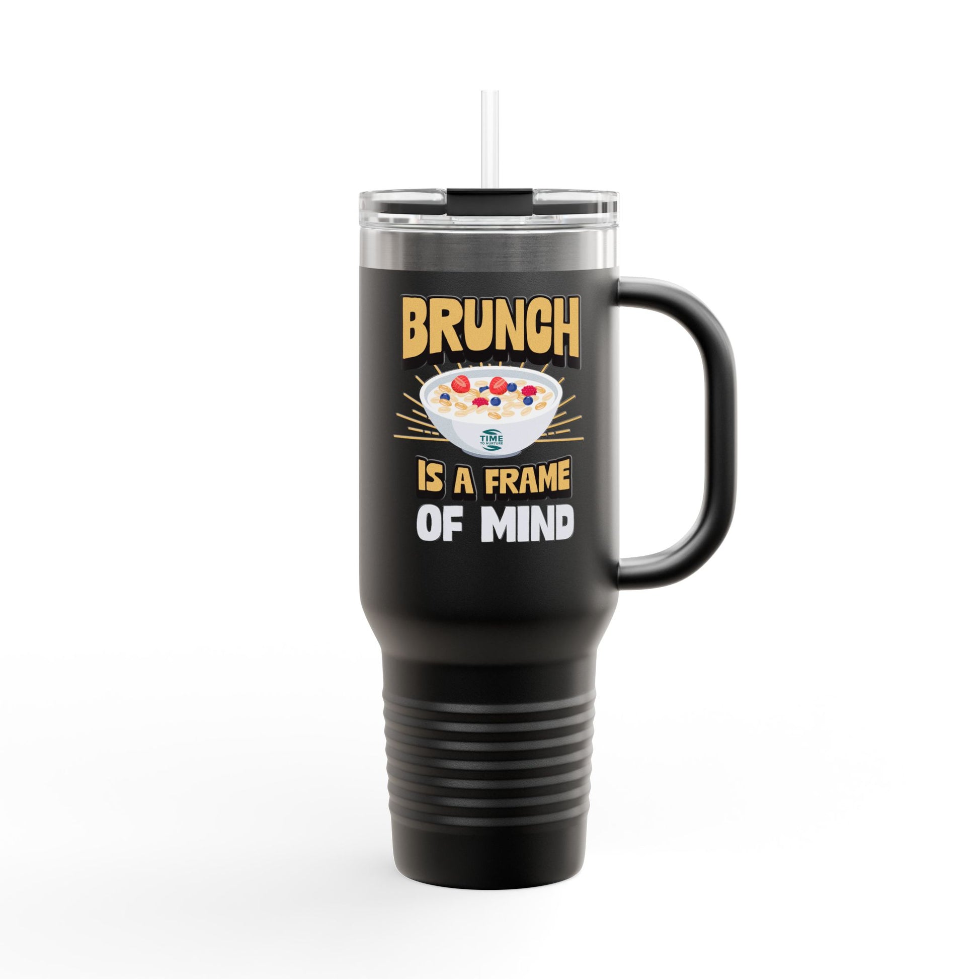 Brunch is a Frame of Mind insulated travel mug, 40oz, with a sleek and durable design. Keeps drinks hot or cold for hours, featuring a sturdy handle and secure lid for easy travel. Perfect for brunch lovers and travelers.