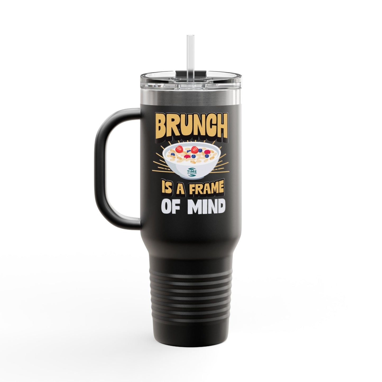 Brunch is a Frame of Mind insulated travel mug, 40oz, with a sleek and durable design. Keeps drinks hot or cold for hours, featuring a sturdy handle and secure lid for easy travel. Perfect for brunch lovers and travelers.