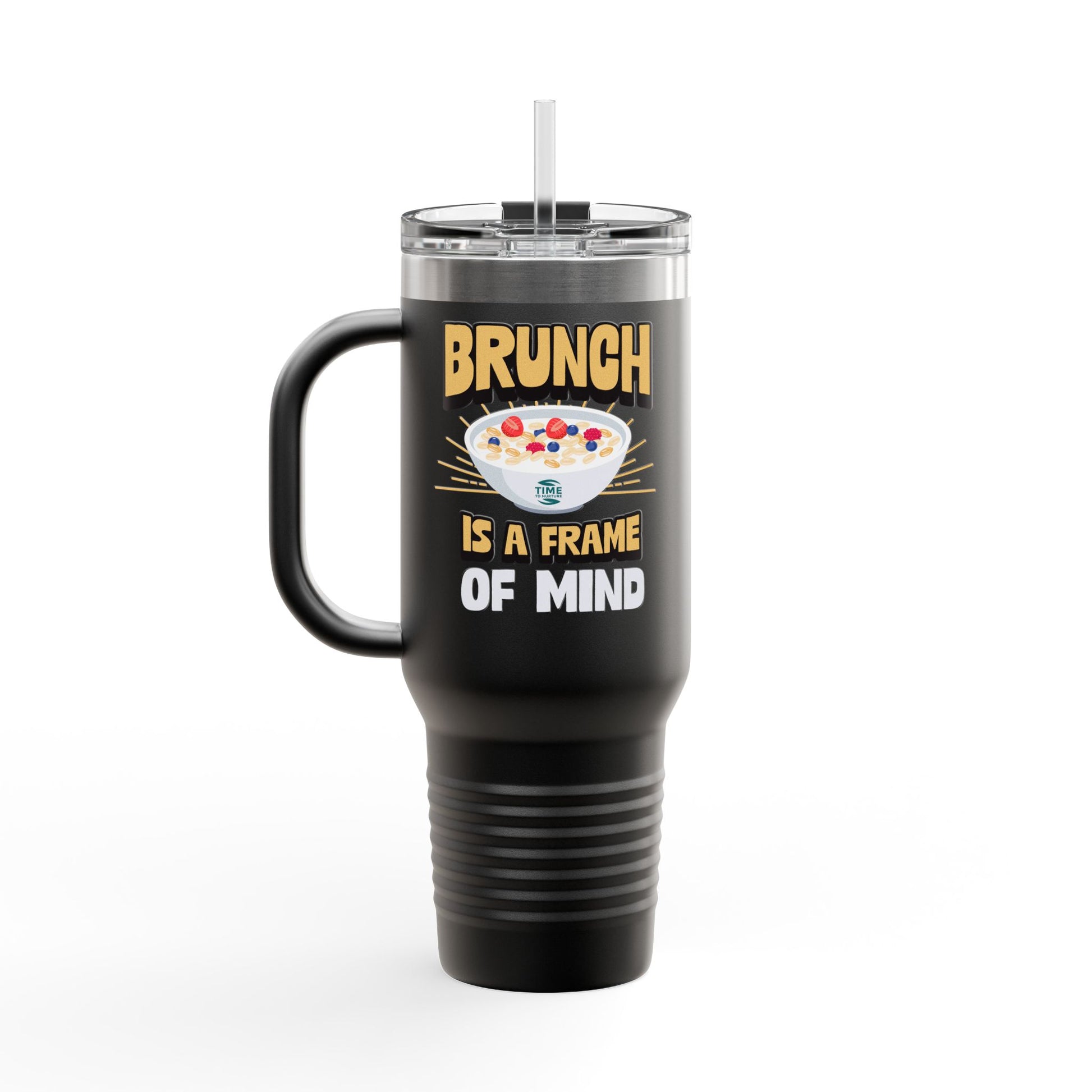 Brunch is a Frame of Mind insulated travel mug, 40oz, with a sleek and durable design. Keeps drinks hot or cold for hours, featuring a sturdy handle and secure lid for easy travel. Perfect for brunch lovers and travelers.