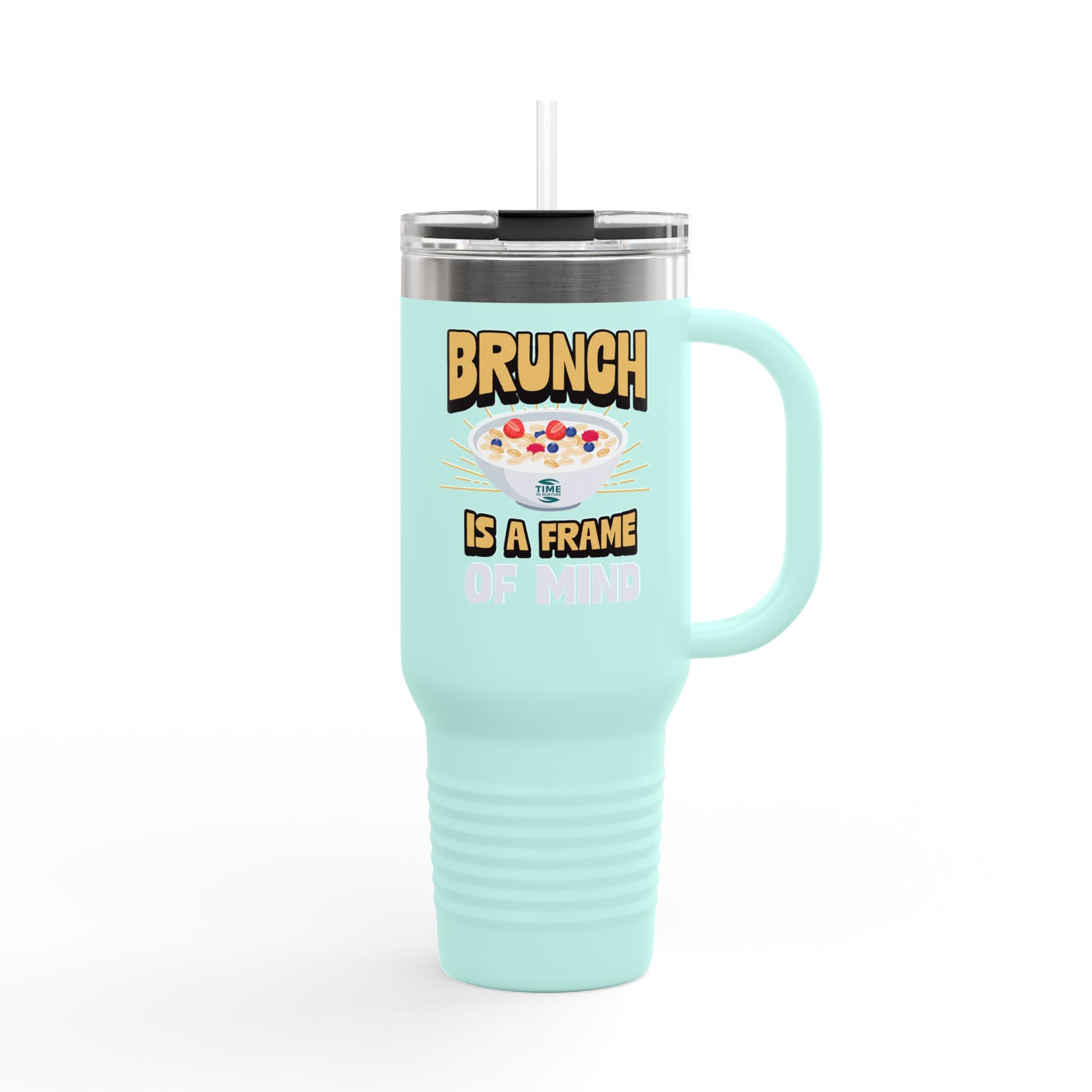 Brunch is a Frame of Mind insulated travel mug, 40oz, with a sleek and durable design. Keeps drinks hot or cold for hours, featuring a sturdy handle and secure lid for easy travel. Perfect for brunch lovers and travelers.