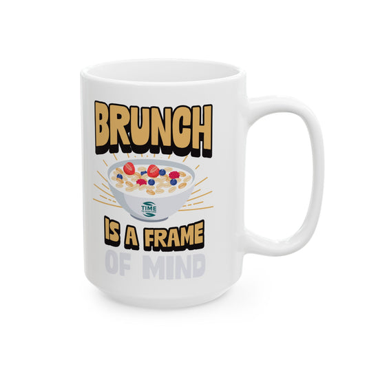 Ceramic mug with Brunch Is a Frame of Mind text, designed as a stylish coffee or tea cup, perfect as a gift for brunch lovers or kitchen decor addition