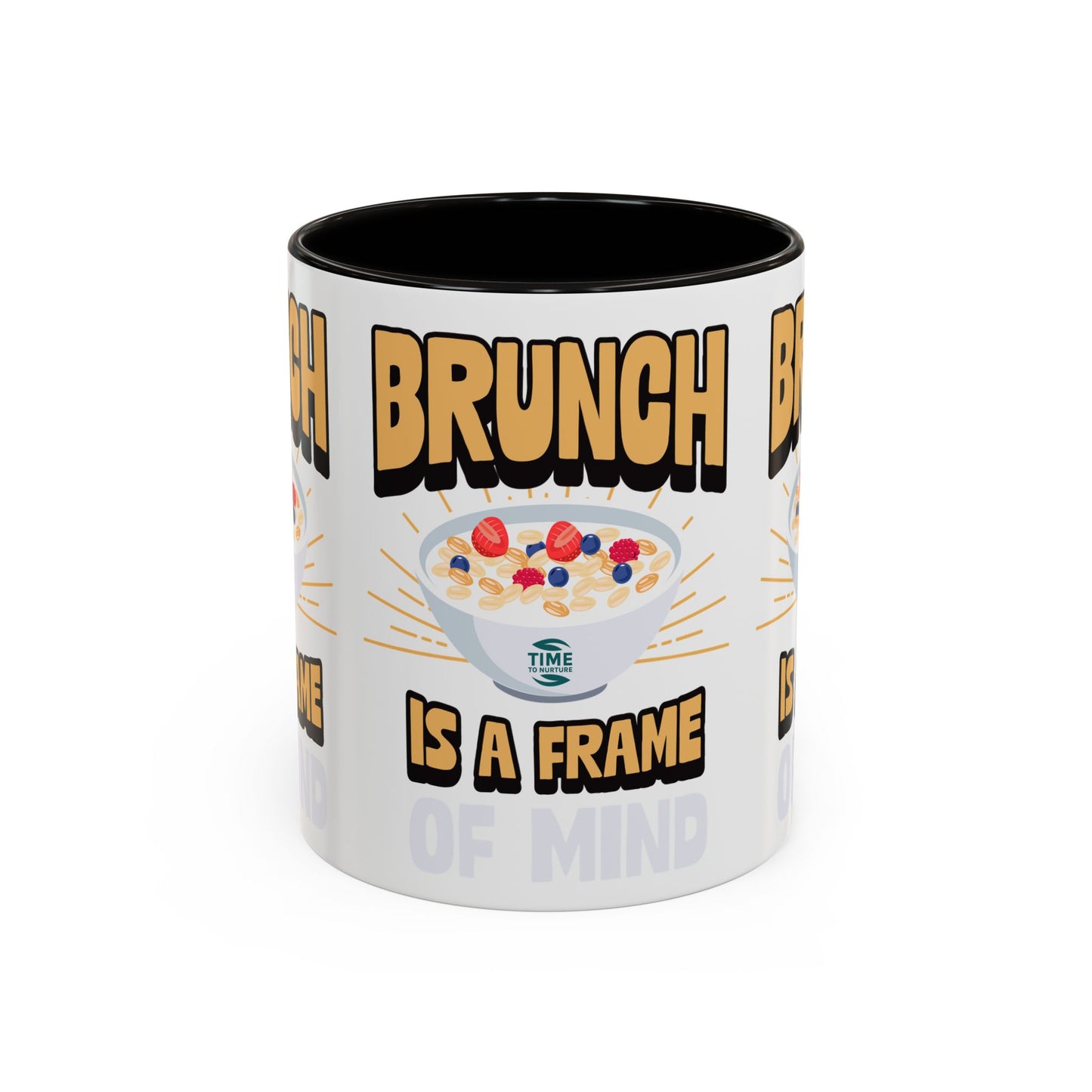 Colorful ceramic mug featuring the phrase Brunch Is a Frame of Mind, available in 11oz and 15oz sizes, with a vibrant design perfect for coffee, tea, or gifting to brunch lovers and lifestyle enthusiasts.
