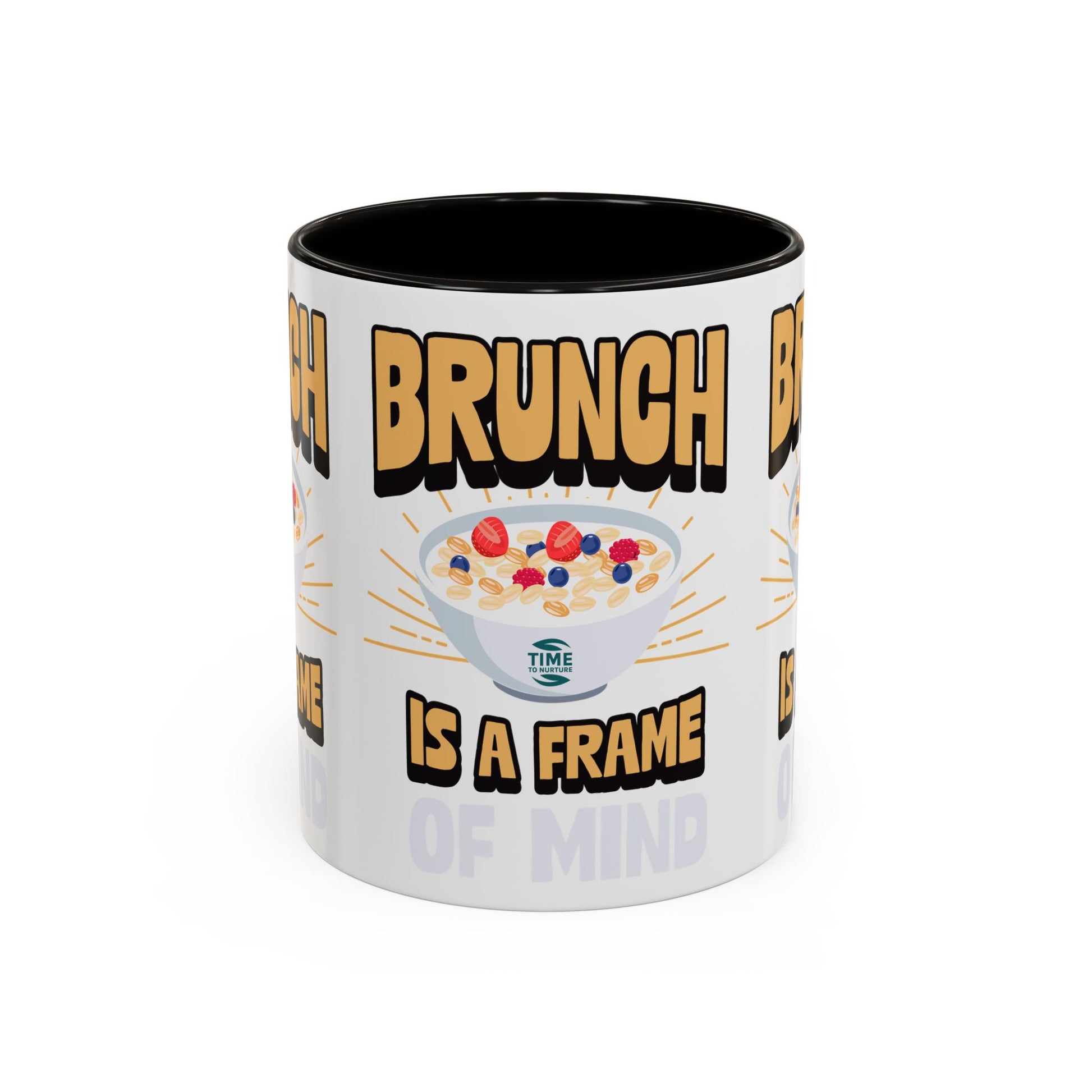 Colorful ceramic mug featuring the phrase Brunch Is a Frame of Mind, available in 11oz and 15oz sizes, with a vibrant design perfect for coffee, tea, or gifting to brunch lovers and lifestyle enthusiasts.