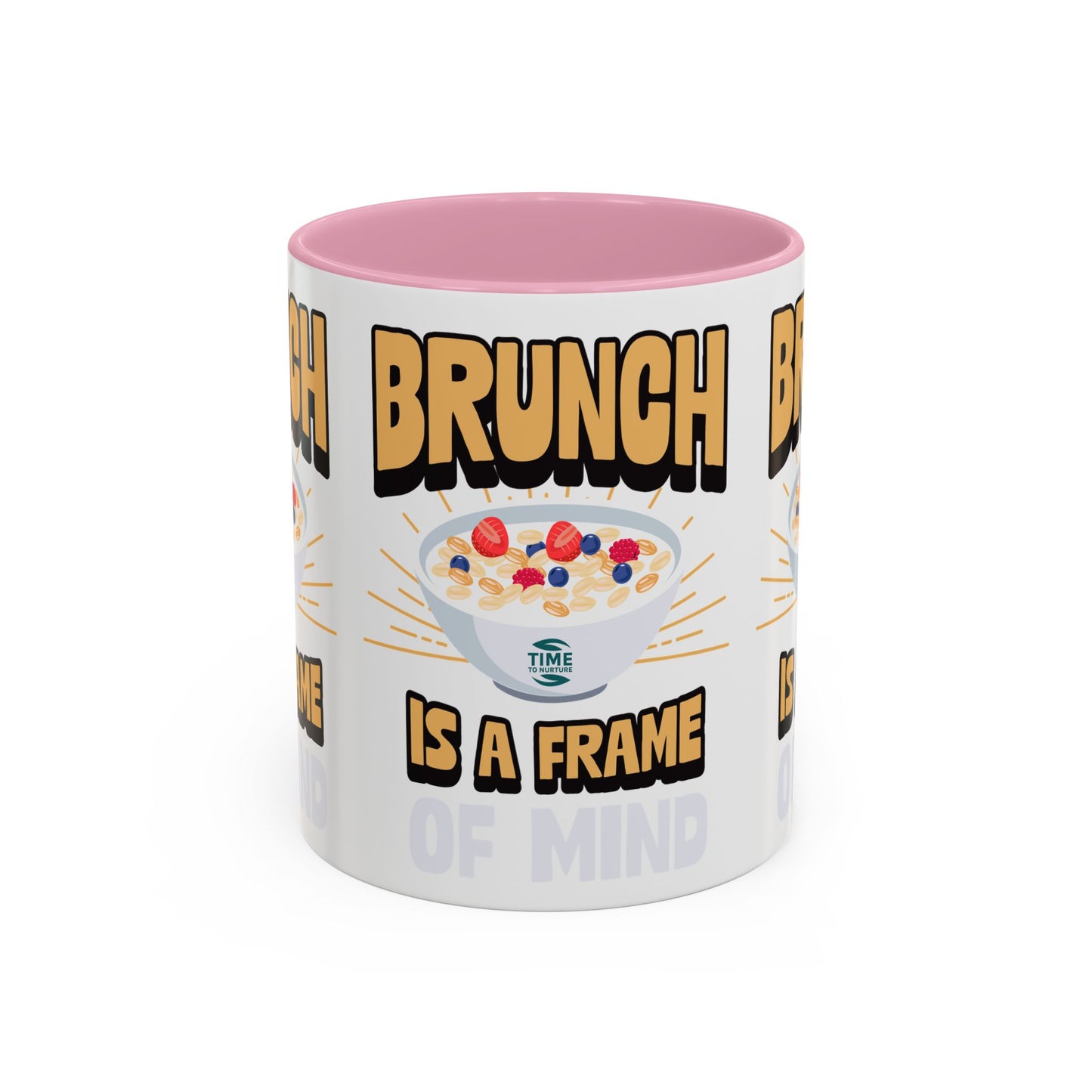 Colorful ceramic mug featuring the phrase Brunch Is a Frame of Mind, available in 11oz and 15oz sizes, with a vibrant design perfect for coffee, tea, or gifting to brunch lovers and lifestyle enthusiasts.