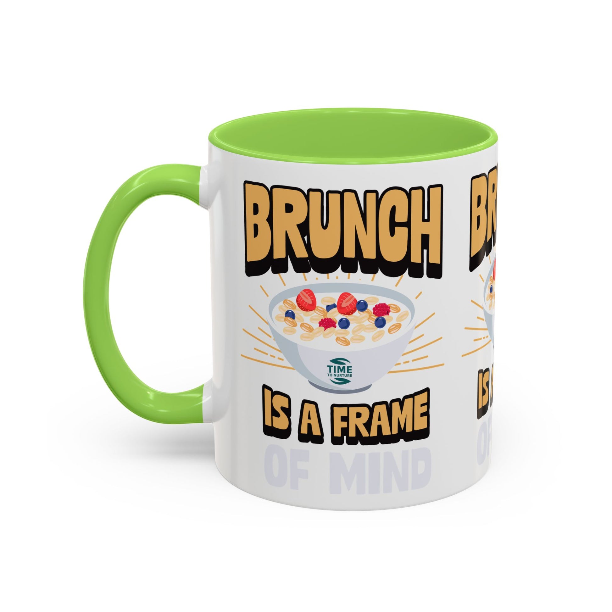 Colorful ceramic mug featuring the phrase Brunch Is a Frame of Mind, available in 11oz and 15oz sizes, with a vibrant design perfect for coffee, tea, or gifting to brunch lovers and lifestyle enthusiasts.